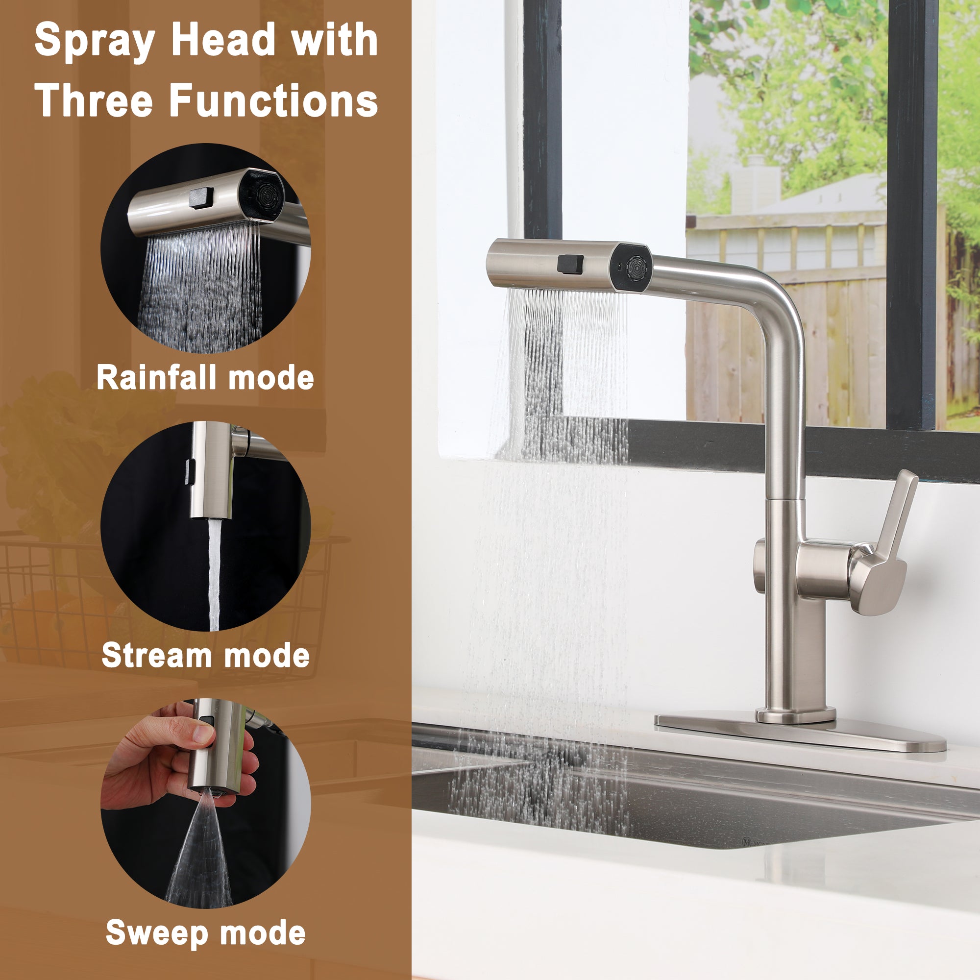 Single Handle Pull Down Sprayer Kitchen Faucet with 3 Functions Spray, 360° swivel Deckplate Included in Brushed Nickel/Brushed Gold/Matte Black/Chrome