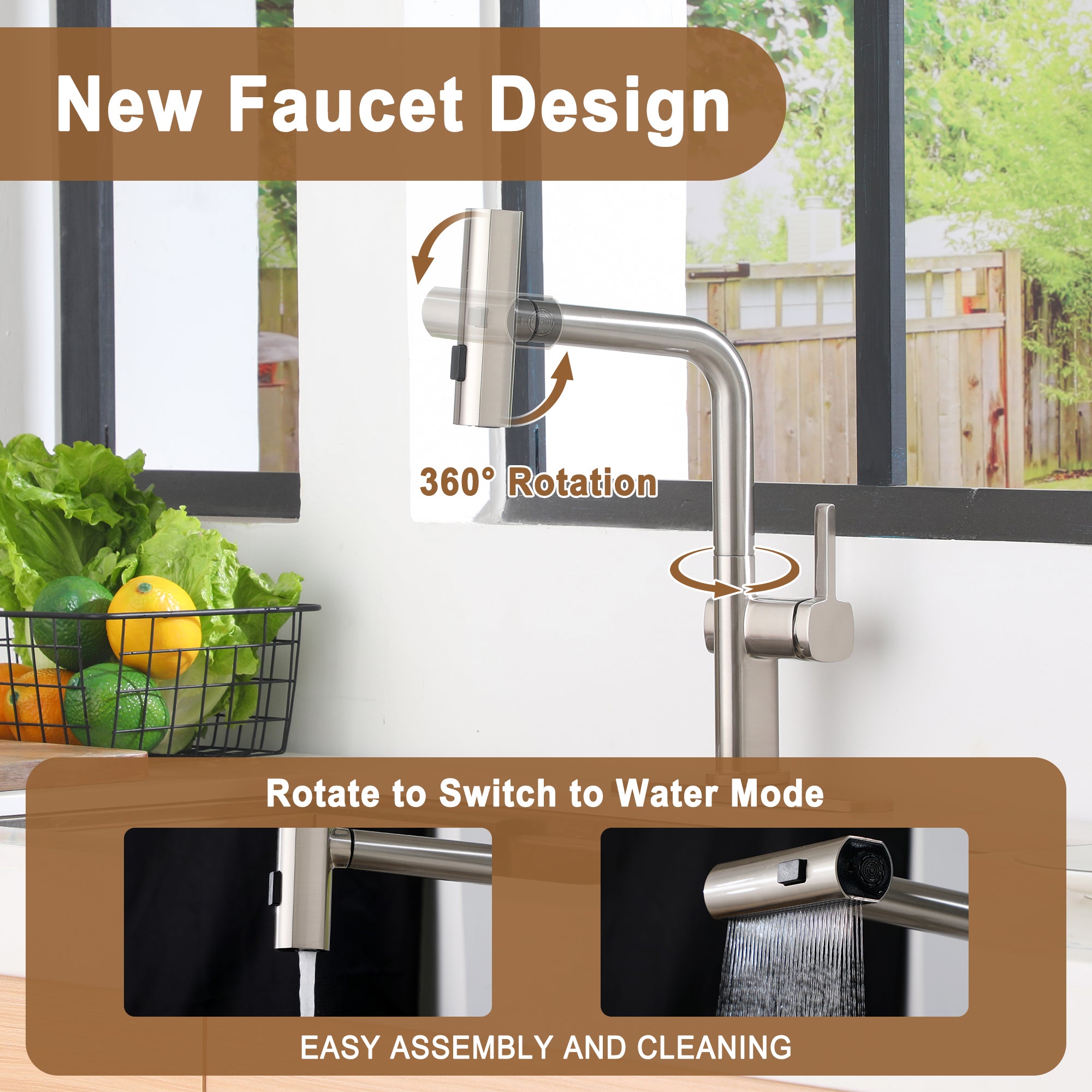 Single Handle Pull Down Sprayer Kitchen Faucet with 3 Functions Spray, 360° swivel Deckplate Included in Brushed Nickel/Brushed Gold/Matte Black/Chrome