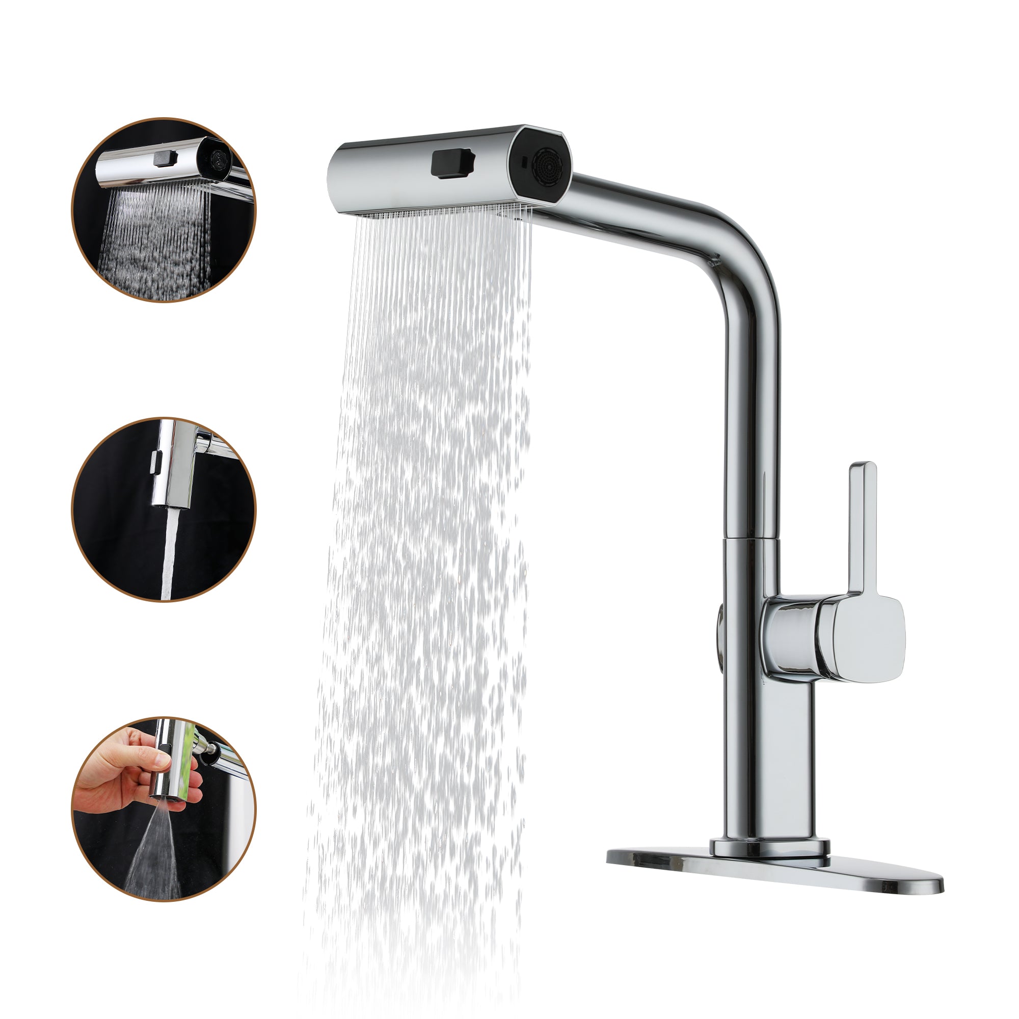 Single Handle Pull Down Sprayer Kitchen Faucet with 3 Functions Spray, 360° swivel Deckplate Included in Brushed Nickel/Brushed Gold/Matte Black/Chrome