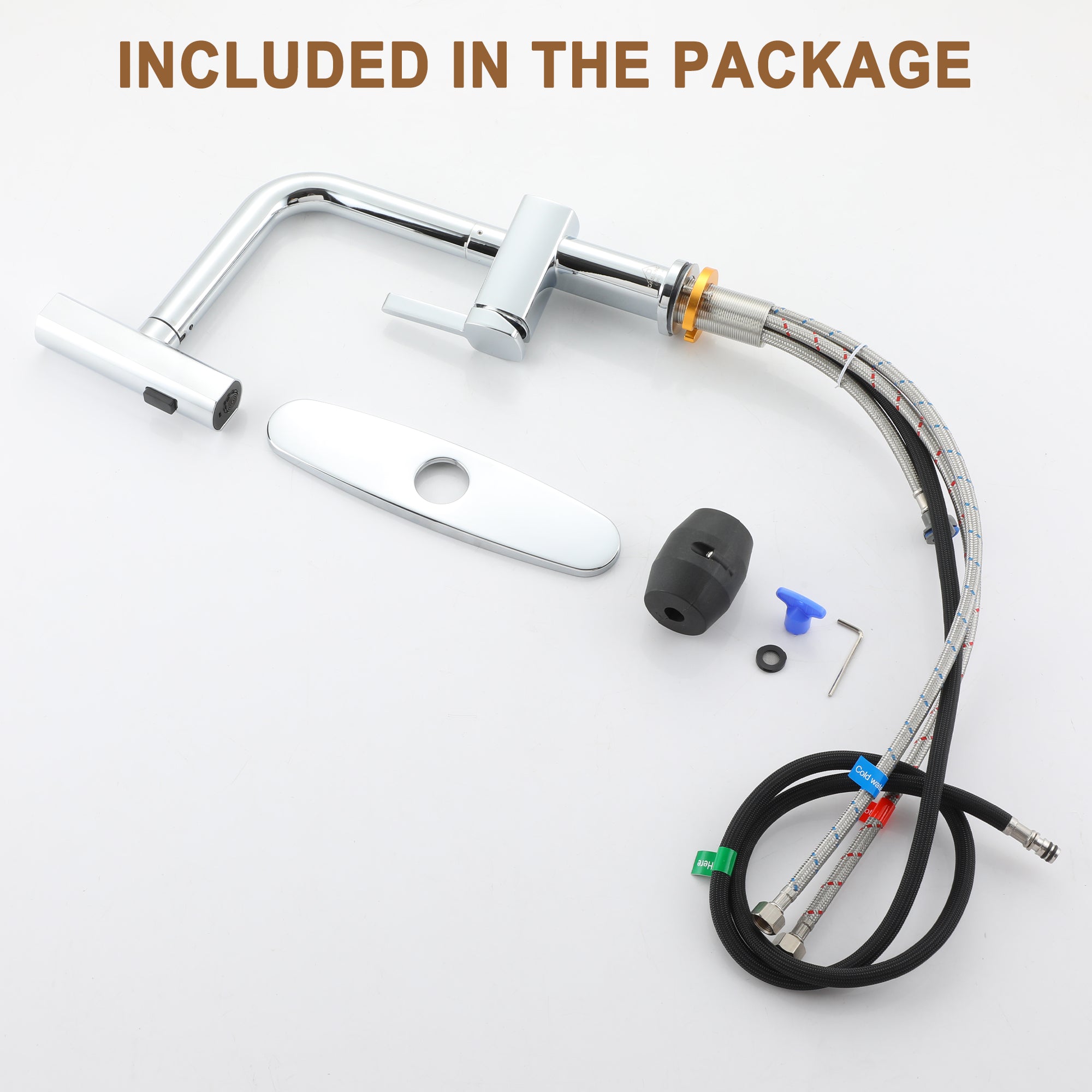 Single Handle Pull Down Sprayer Kitchen Faucet with 3 Functions Spray, 360° swivel Deckplate Included in Brushed Nickel/Brushed Gold/Matte Black/Chrome