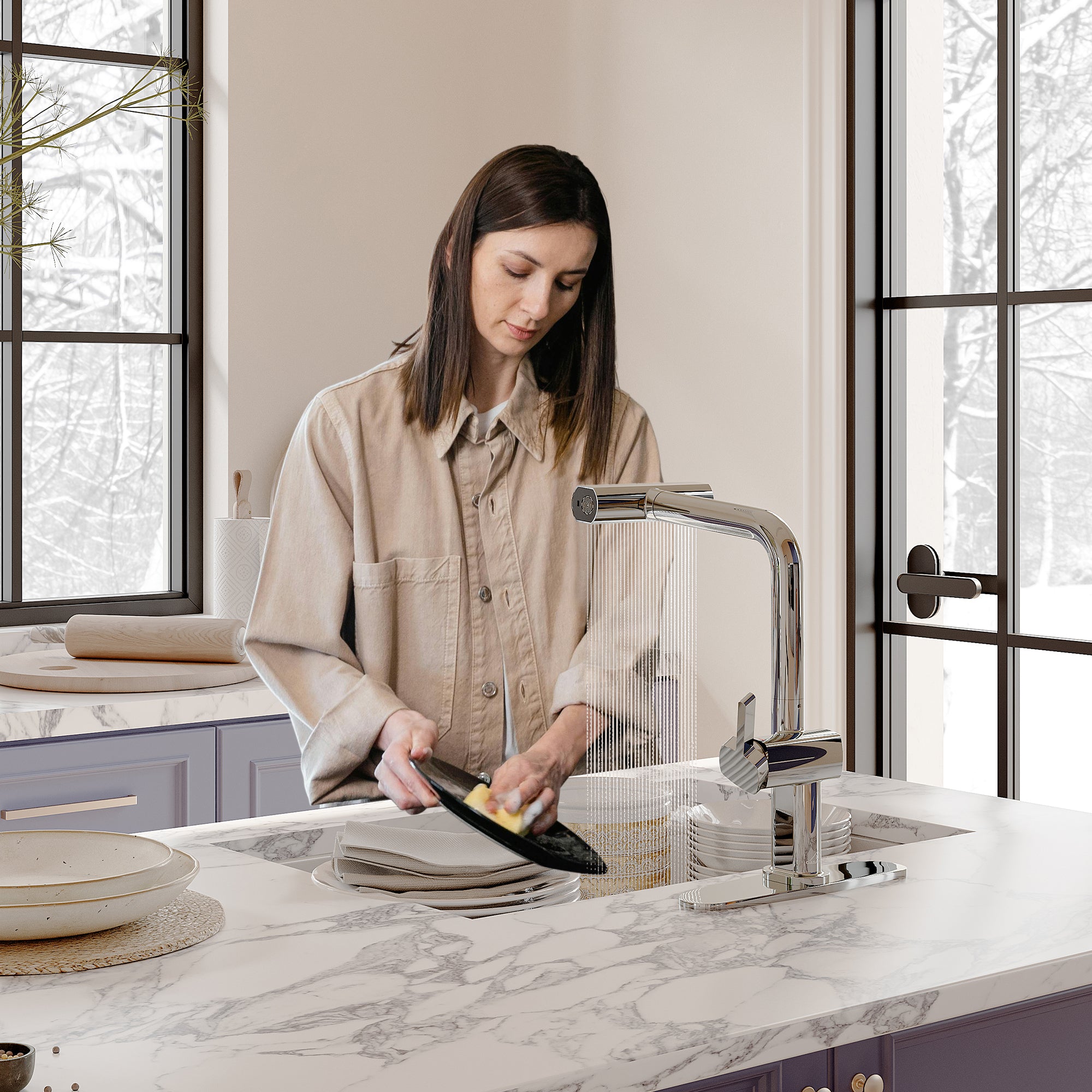 Single Handle Pull Down Sprayer Kitchen Faucet with 3 Functions Spray, 360° swivel Deckplate Included in Brushed Nickel/Brushed Gold/Matte Black/Chrome