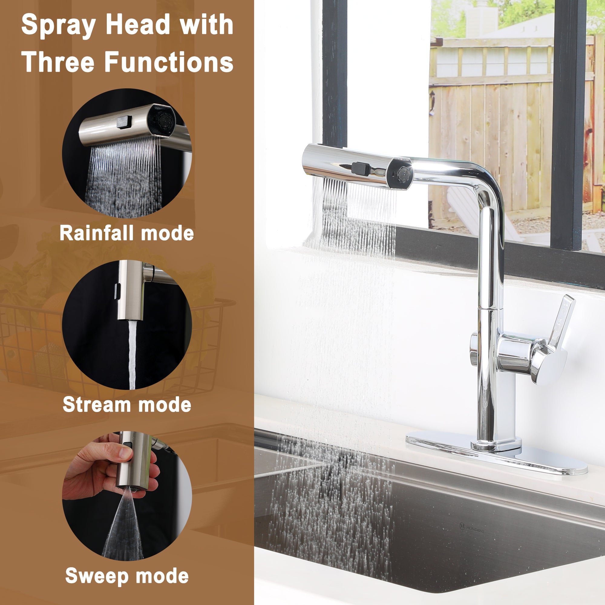 Single Handle Pull Down Sprayer Kitchen Faucet with 3 Functions Spray, 360° swivel Deckplate Included in Brushed Nickel/Brushed Gold/Matte Black/Chrome