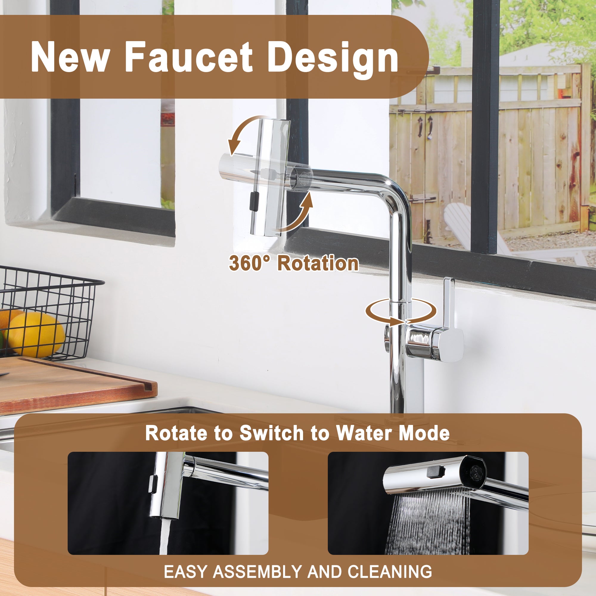 Single Handle Pull Down Sprayer Kitchen Faucet with 3 Functions Spray, 360° swivel Deckplate Included in Brushed Nickel/Brushed Gold/Matte Black/Chrome