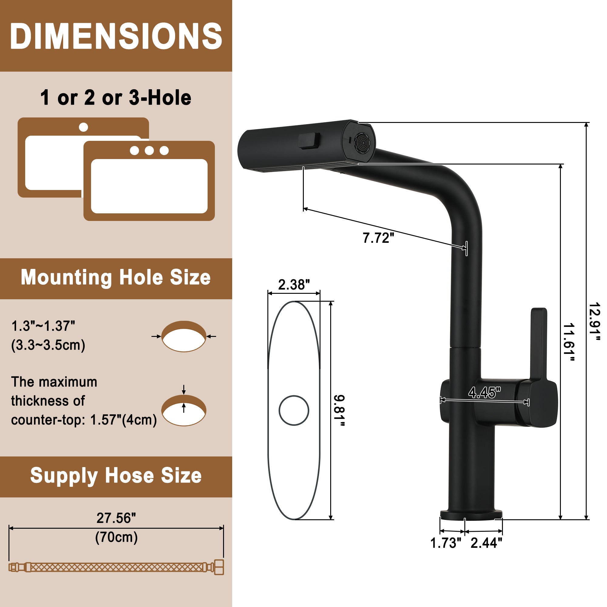 Single Handle Pull Down Sprayer Kitchen Faucet with 3 Functions Spray, 360° swivel Deckplate Included in Brushed Nickel/Brushed Gold/Matte Black/Chrome