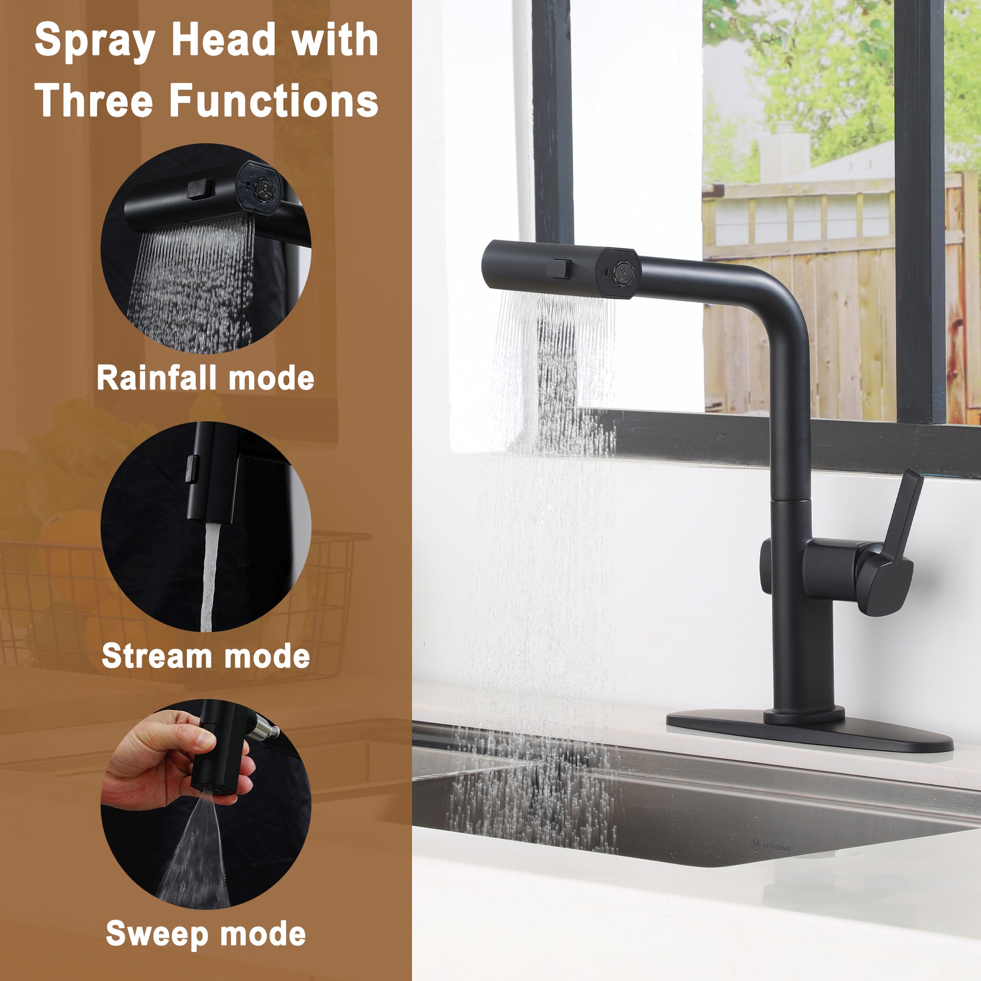 Single Handle Pull Down Sprayer Kitchen Faucet with 3 Functions Spray, 360° swivel Deckplate Included in Brushed Nickel/Brushed Gold/Matte Black/Chrome