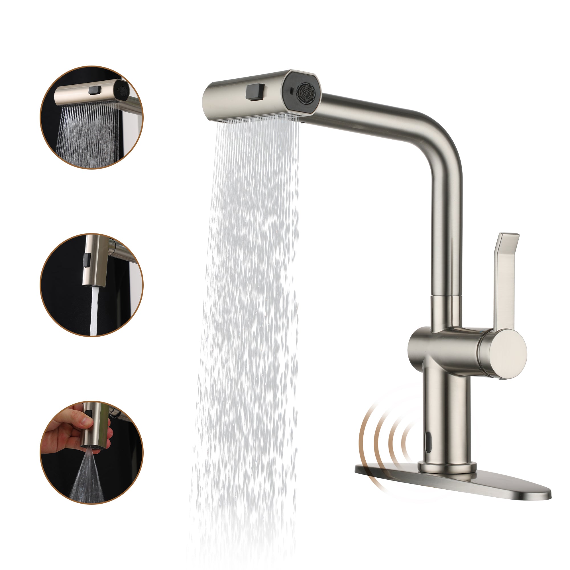 Single Handle Touchless Pull Down Sprayer Kitchen Faucet with Motion Sense Wave, Power Boost in Brushed Nickel/Brushed Gold/Matte Black/Chrome