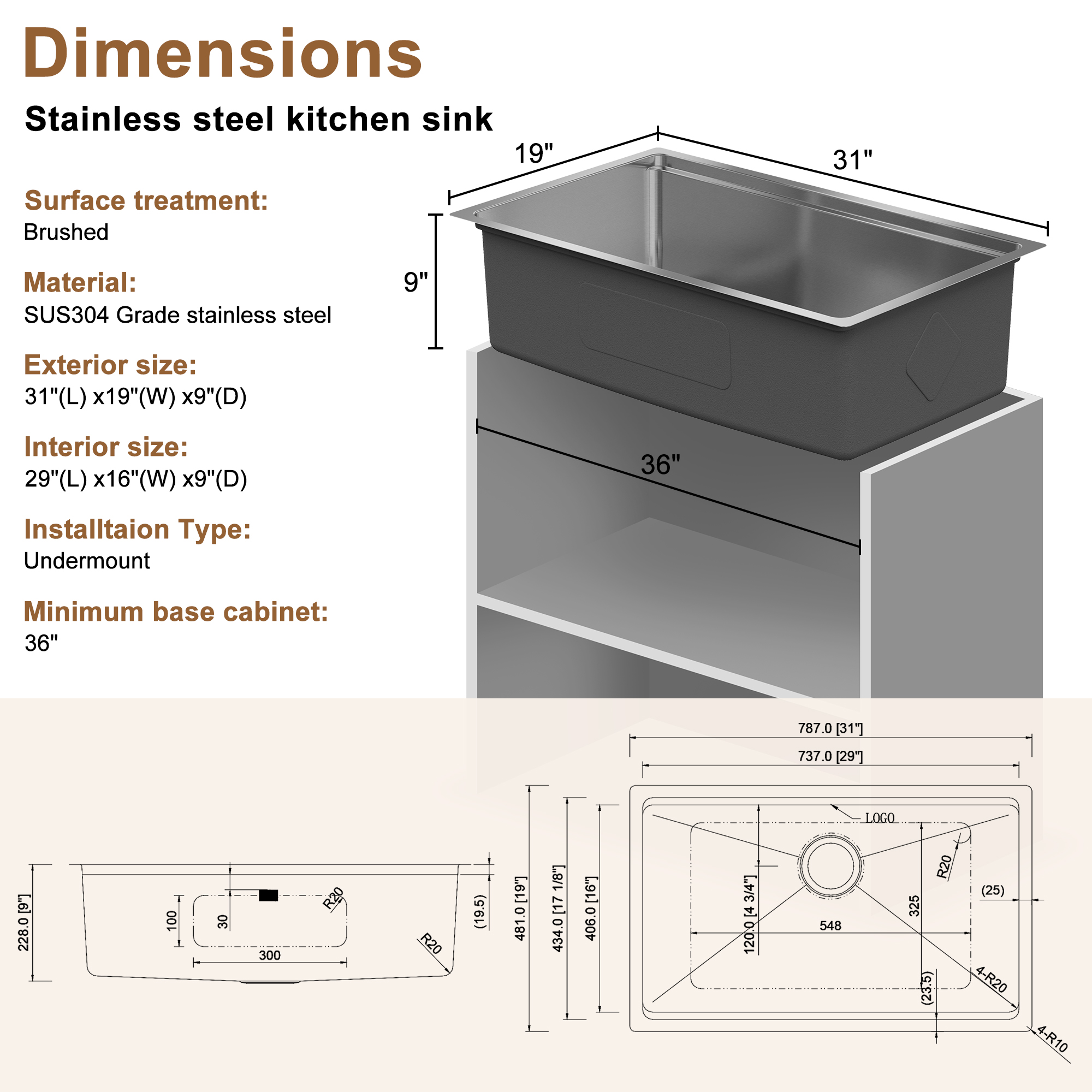 31-inch stainless steel kitchen sink workstation single grooves under the table with cutting board, roller blind, drain basket, drain grid and drainer