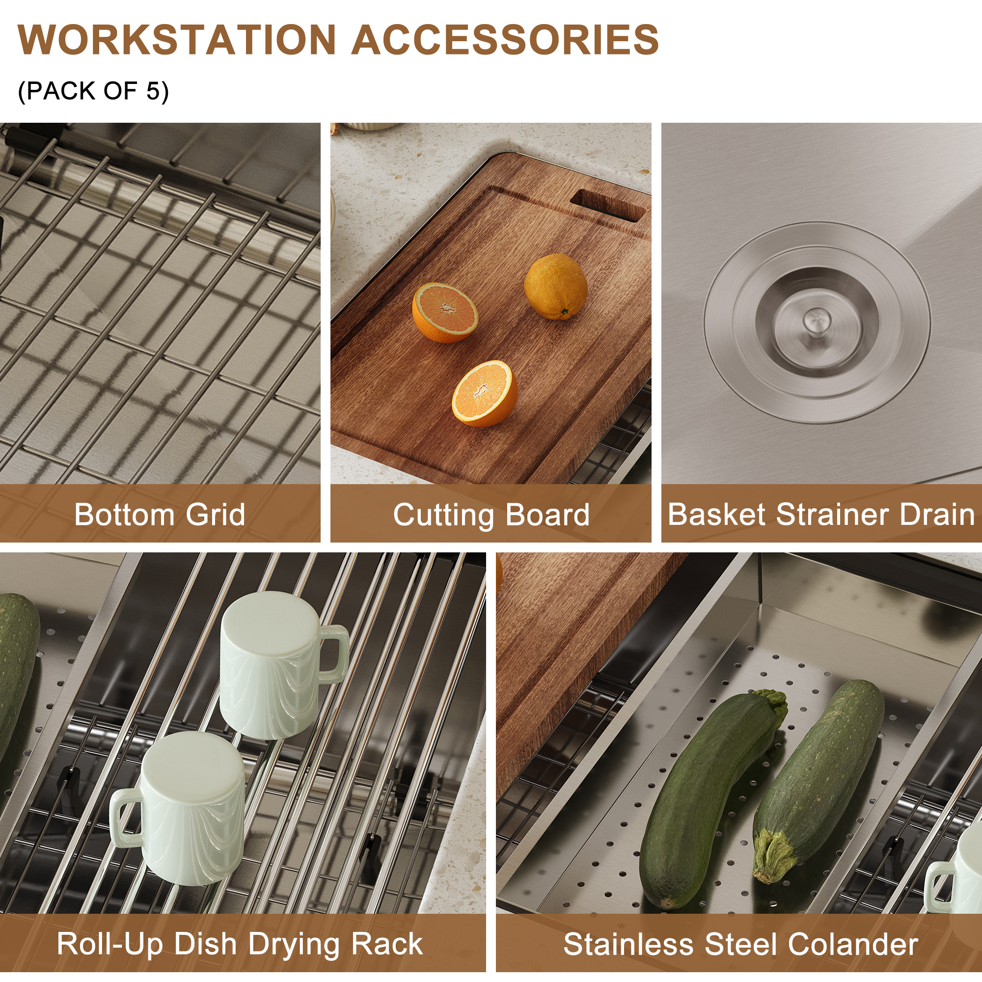31-inch stainless steel kitchen sink workstation single grooves under the table with cutting board, roller blind, drain basket, drain grid and drainer