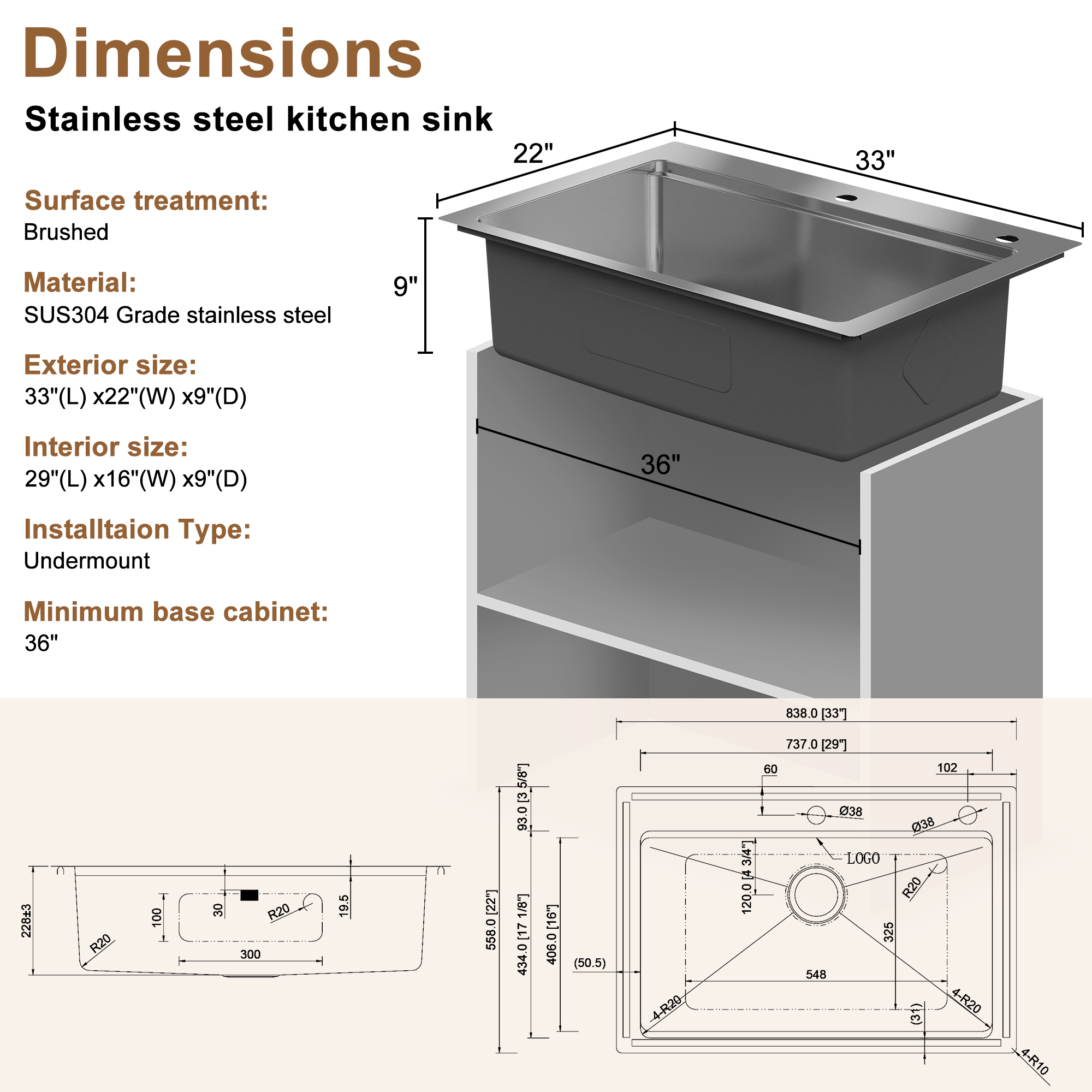 33-inch stainless steel kitchen sink workstation dual installation method single grooves with 2 faucet holes with cutting board, roller curtain, drain basket, drain grid and drainer