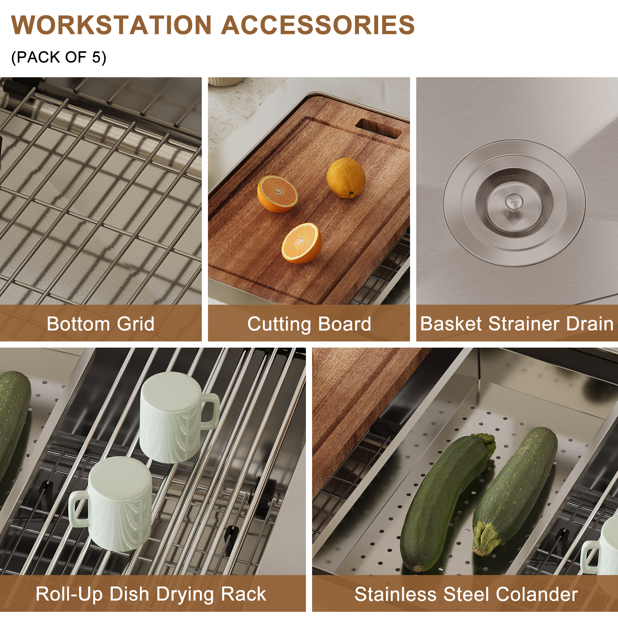 33-inch stainless steel kitchen sink workstation dual installation method single grooves with 2 faucet holes with cutting board, roller curtain, drain basket, drain grid and drainer