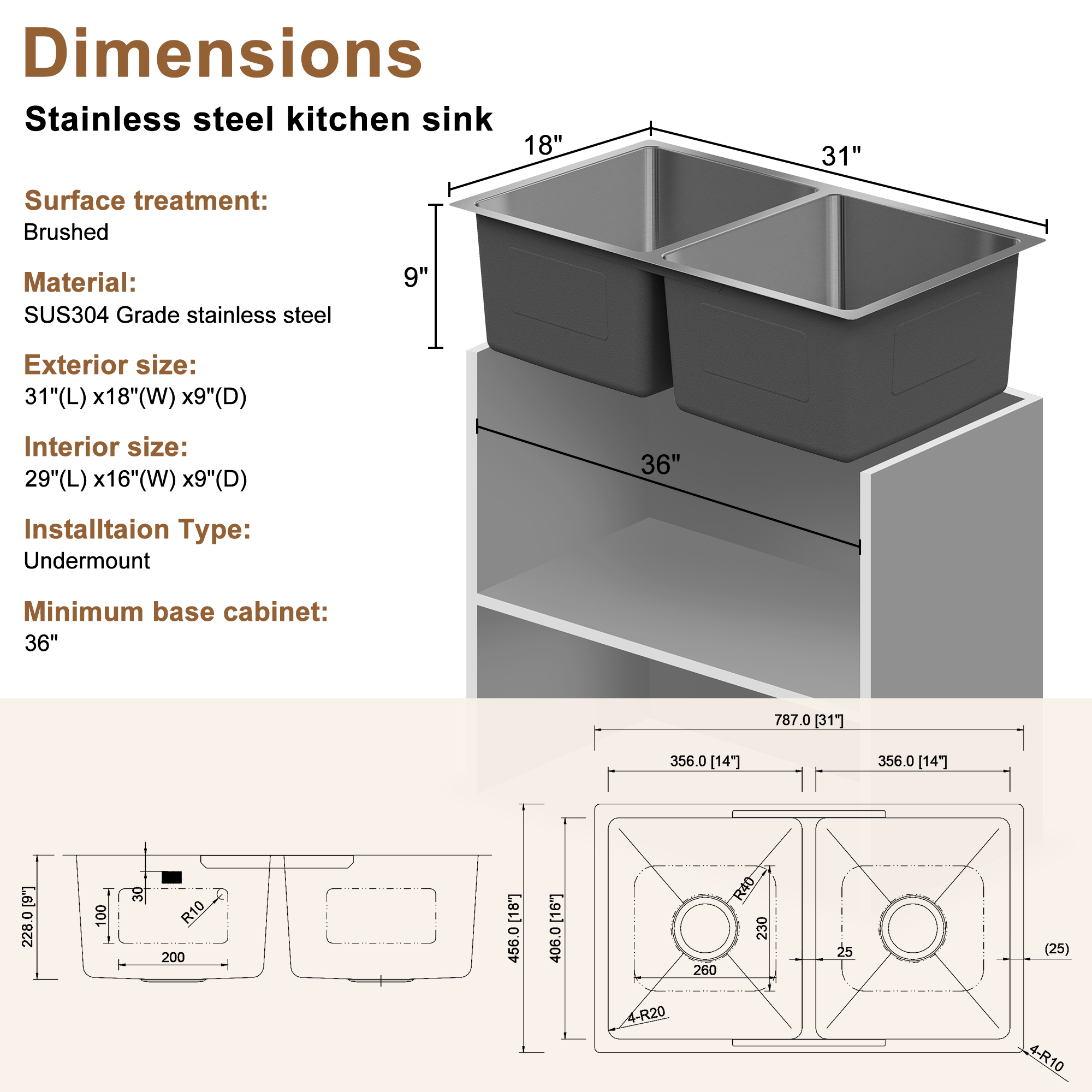 31-inch brushed stainless steel sink under the table 9-inch deep 50/50 double grooves with drain grid and drainer