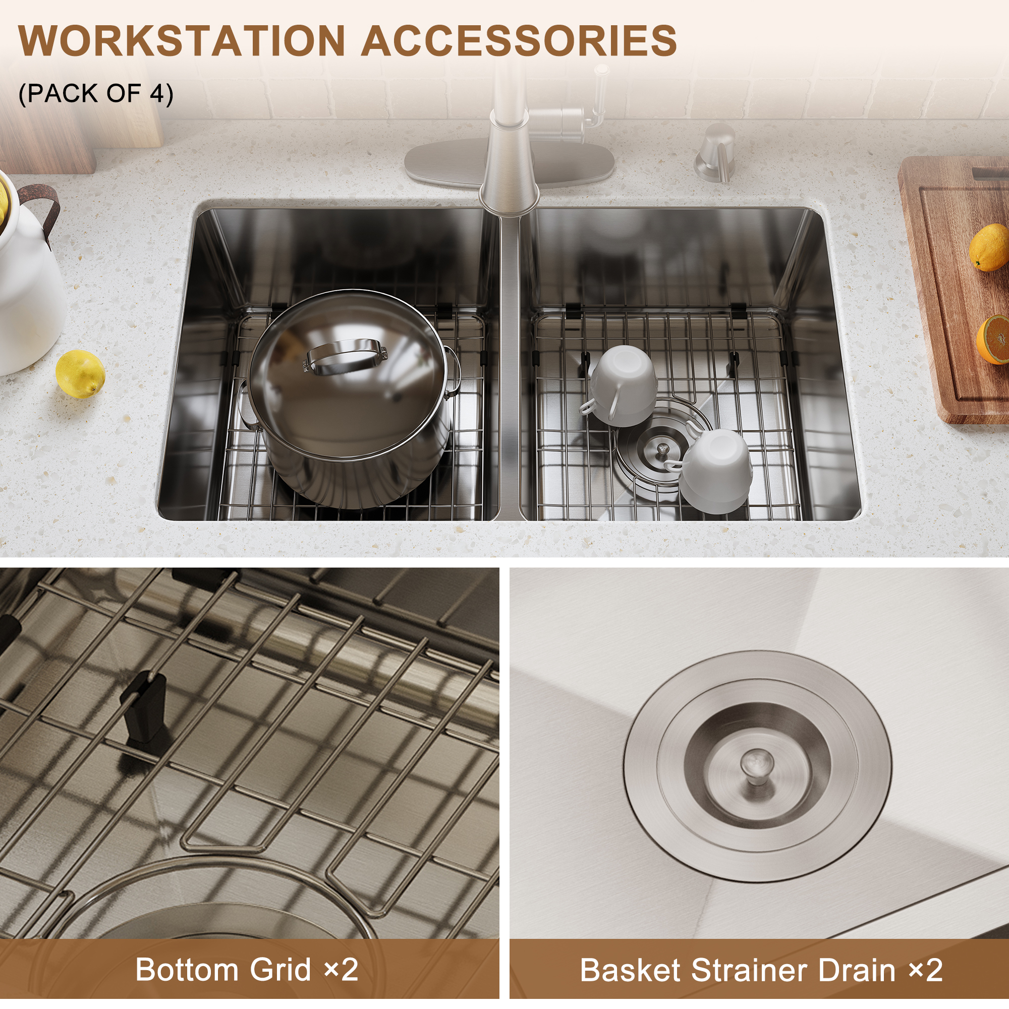 31-inch brushed stainless steel sink under the table 9-inch deep 50/50 double grooves with drain grid and drainer