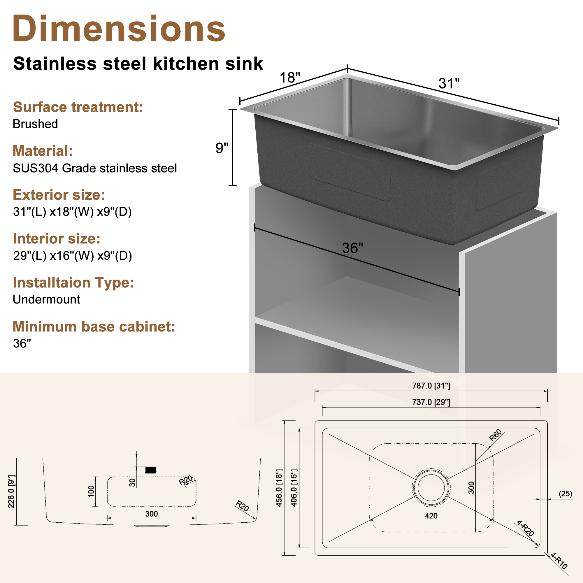 31-inch stainless steel sink under the table single grooves  thick 18Ga with drain grid and drainer
