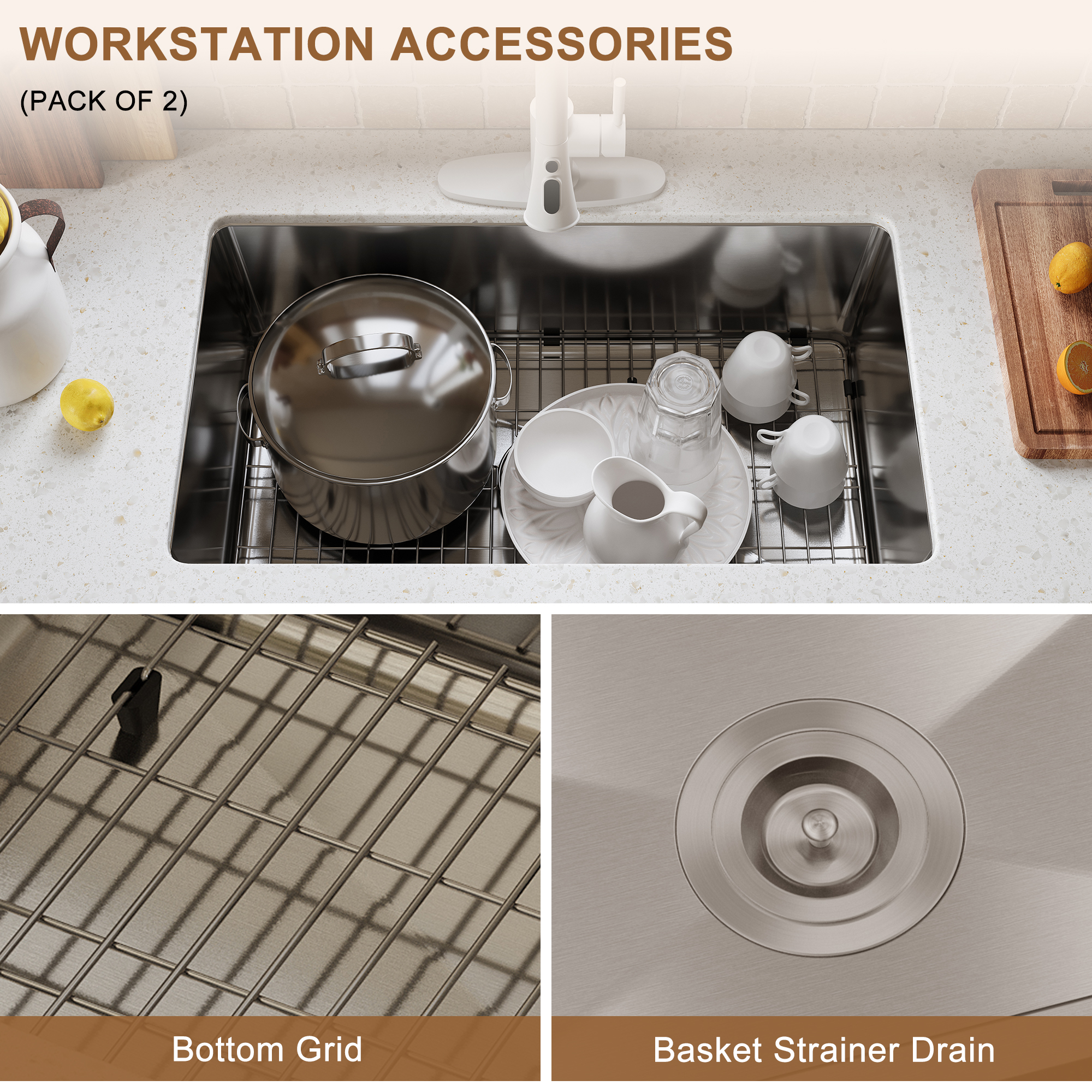 31-inch stainless steel sink under the table single grooves  thick 18Ga with drain grid and drainer