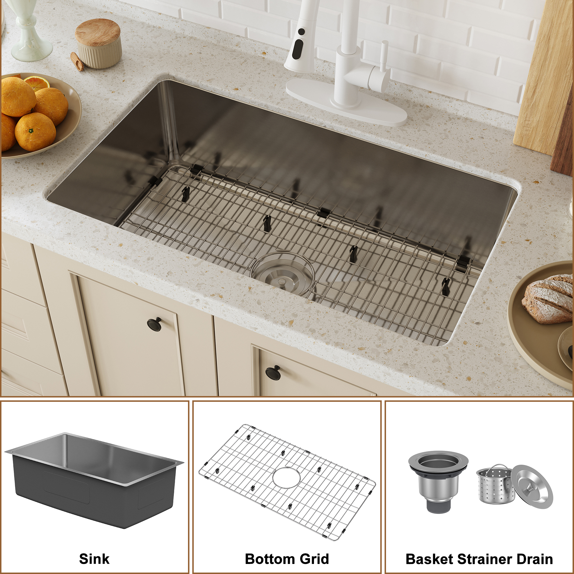 31-inch stainless steel sink under the table single grooves  thick 18Ga with drain grid and drainer