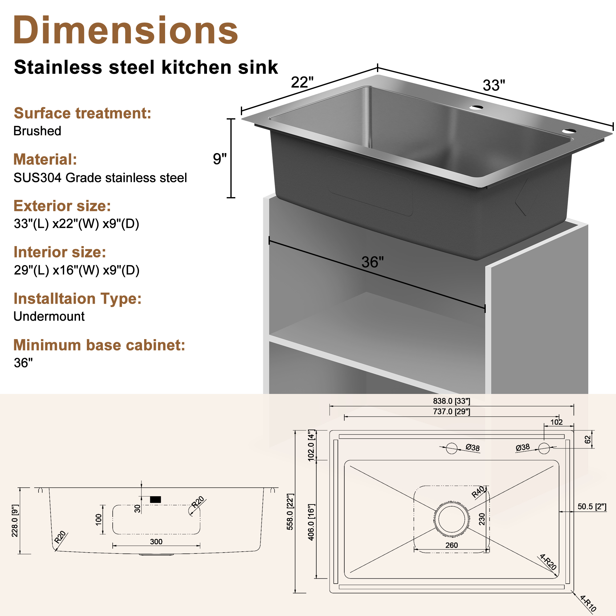 33-inch stainless steel sink on the counter installation single grooves with 2 faucet holes with drain grid and drainer thick 18Ga