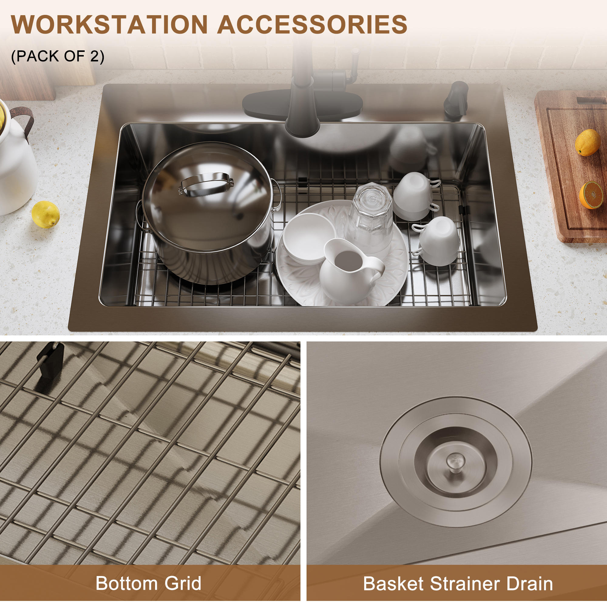 33-inch stainless steel sink on the counter installation single grooves with 2 faucet holes with drain grid and drainer thick 18Ga