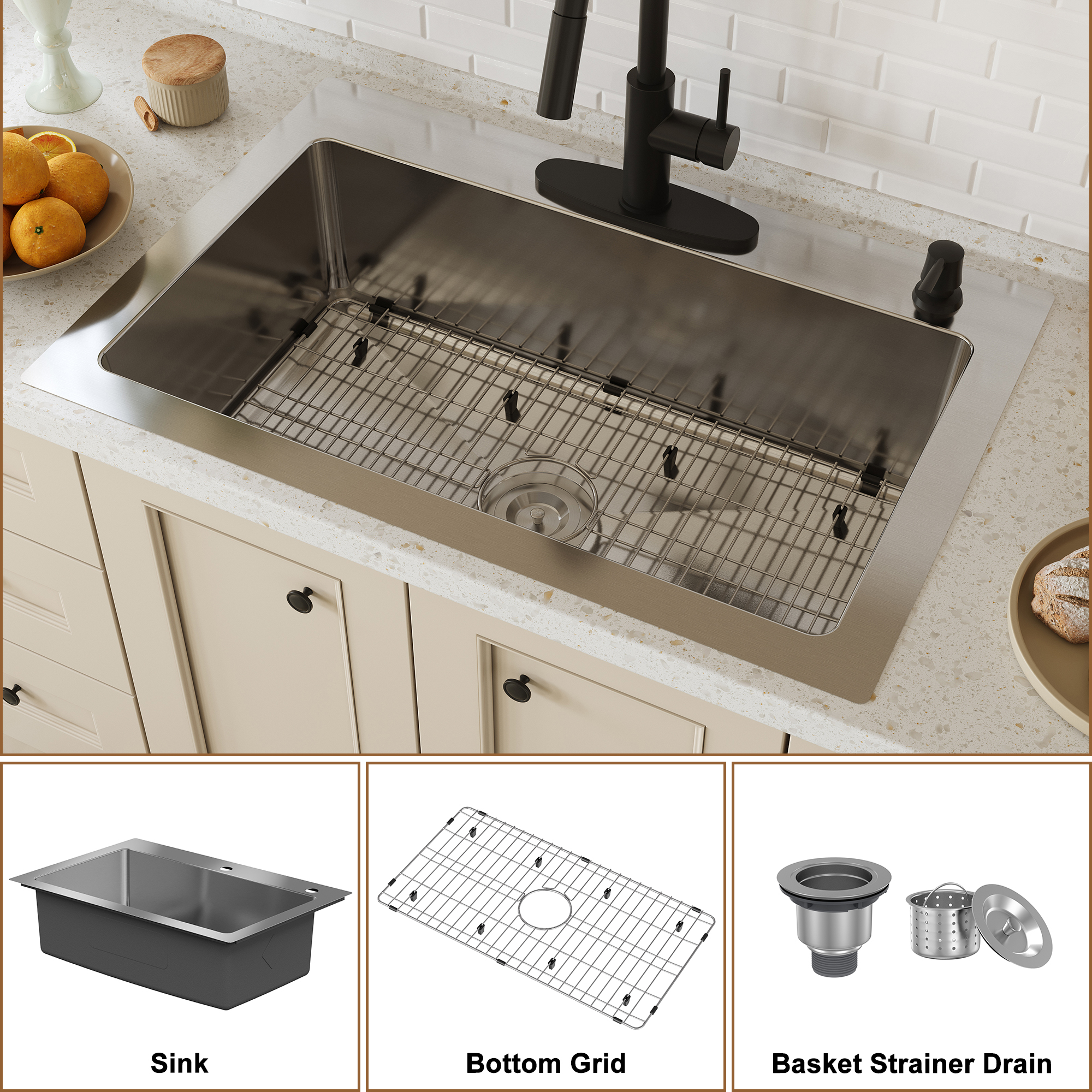 33-inch stainless steel sink on the counter installation single grooves with 2 faucet holes with drain grid and drainer thick 18Ga