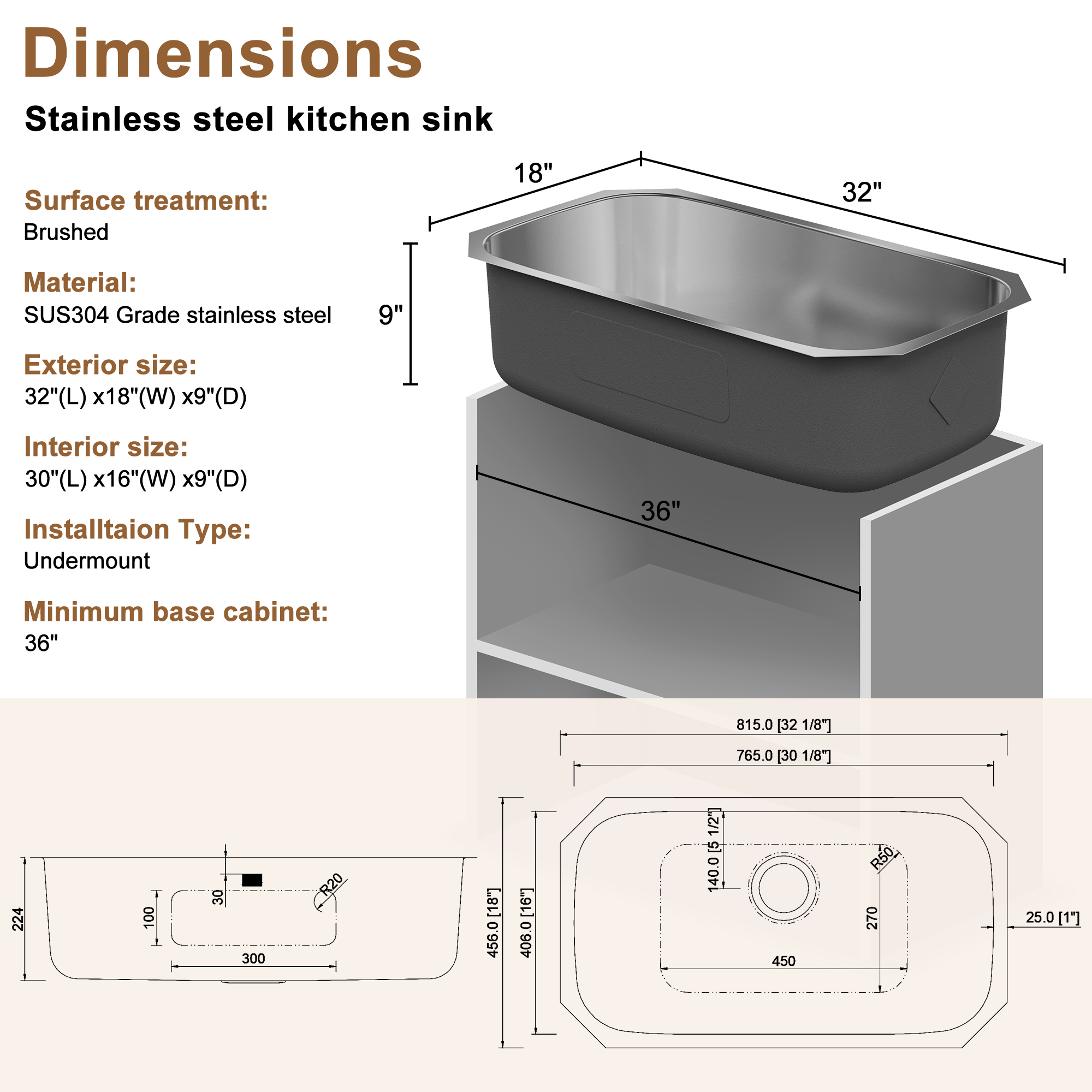 32-inch stainless steel sink under the table installation double grooves 50/50 with drain grid and drainer