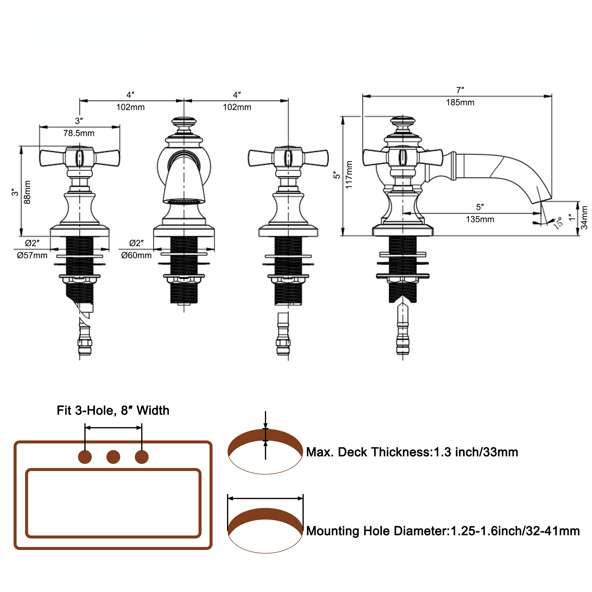 Boyel Living Vintage Cross 8 in. Widespread 2-Handle Bathroom Faucet in Brushed Gold