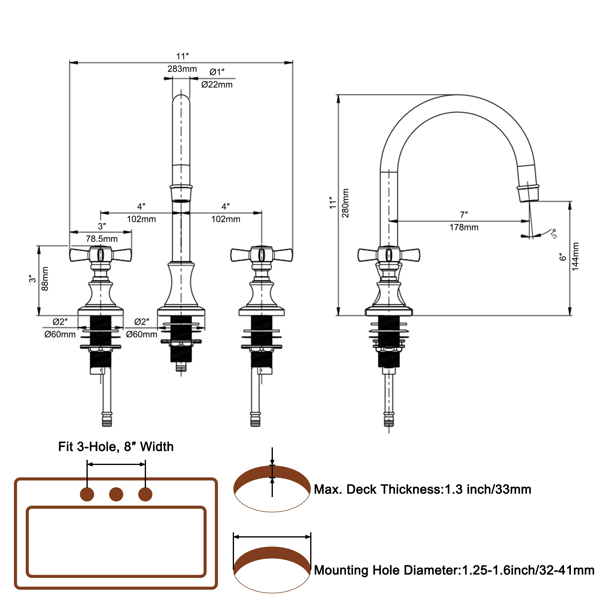 Boyel Living High-Arc 8 in. Widerspread 2-Handle Bathroom Faucet in Bushed Gold/Brushed Nickel/Matte Black