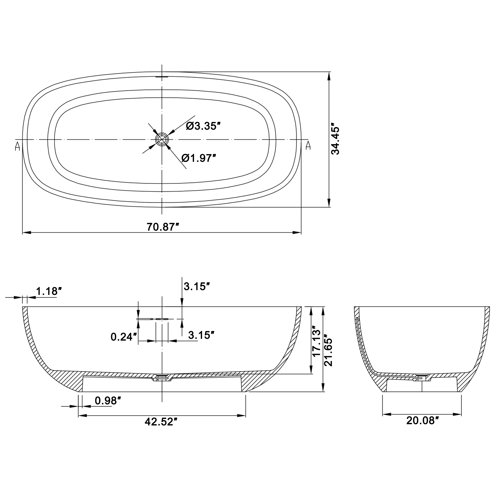 71" Matte White Stone Resin Adult Freestanding Soaking Tub with Cushions, cUPC and CE Certified
