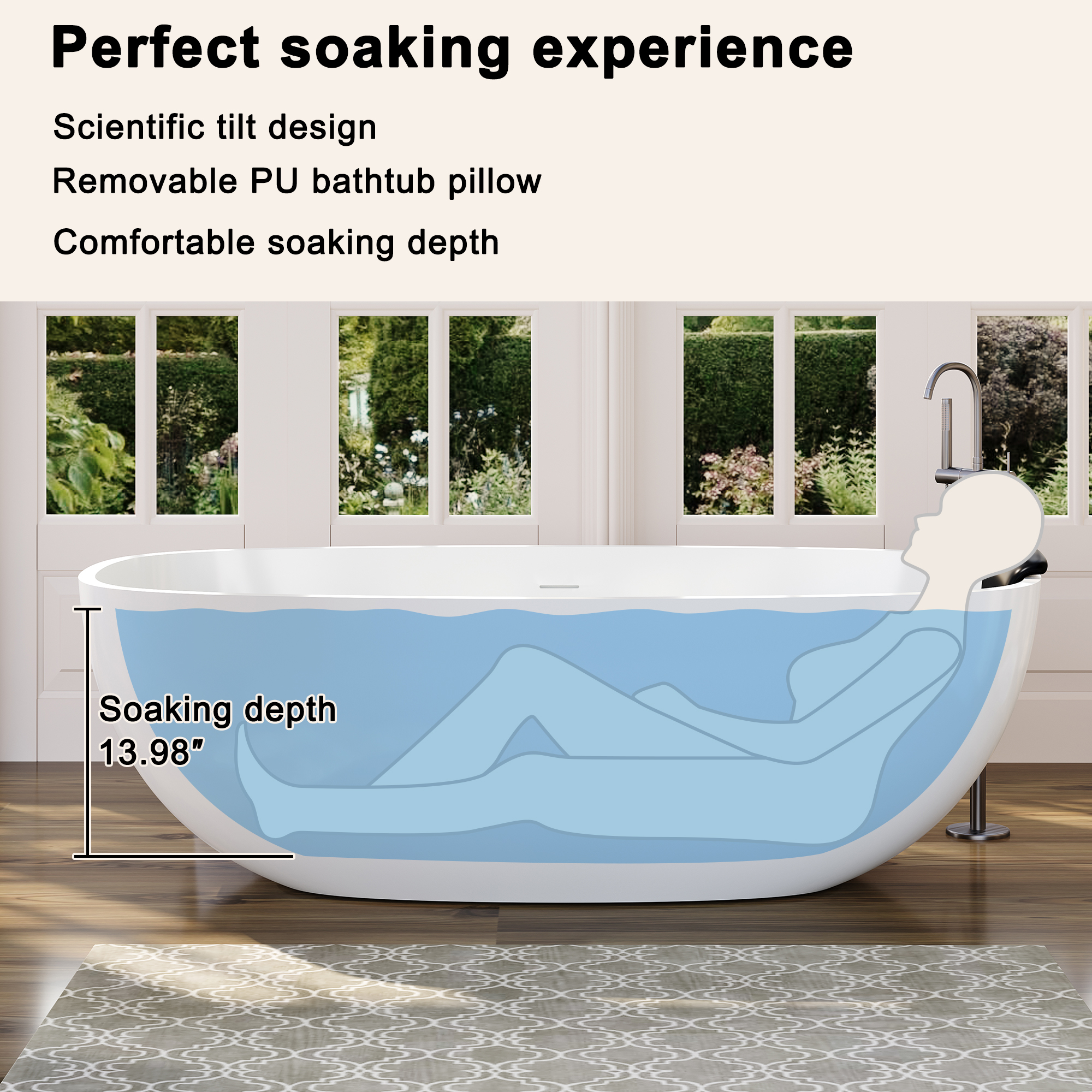 71" Matte White Stone Resin Adult Freestanding Soaking Tub with Cushions, cUPC and CE Certified