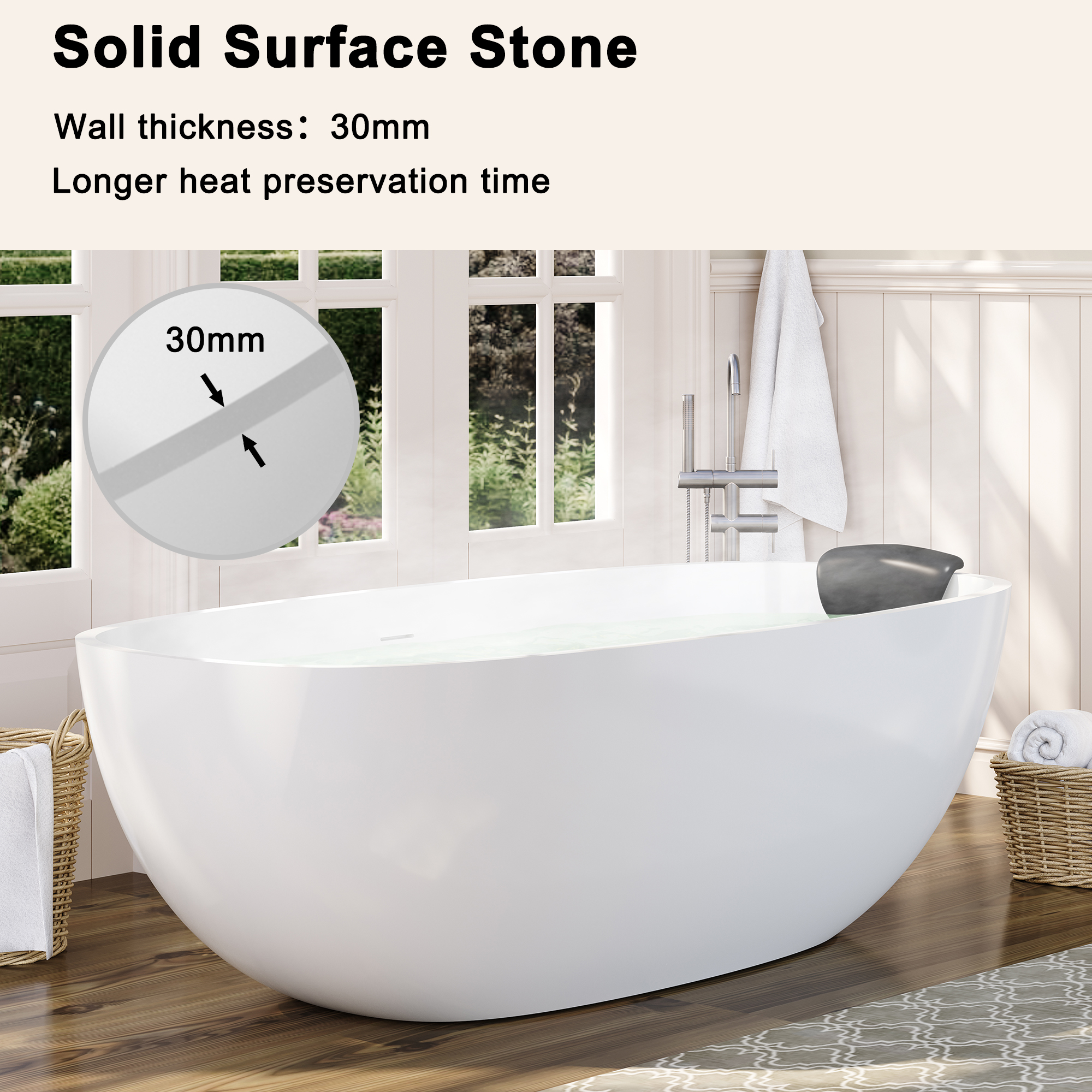 71" Matte White Stone Resin Adult Freestanding Soaking Tub with Cushions, cUPC and CE Certified