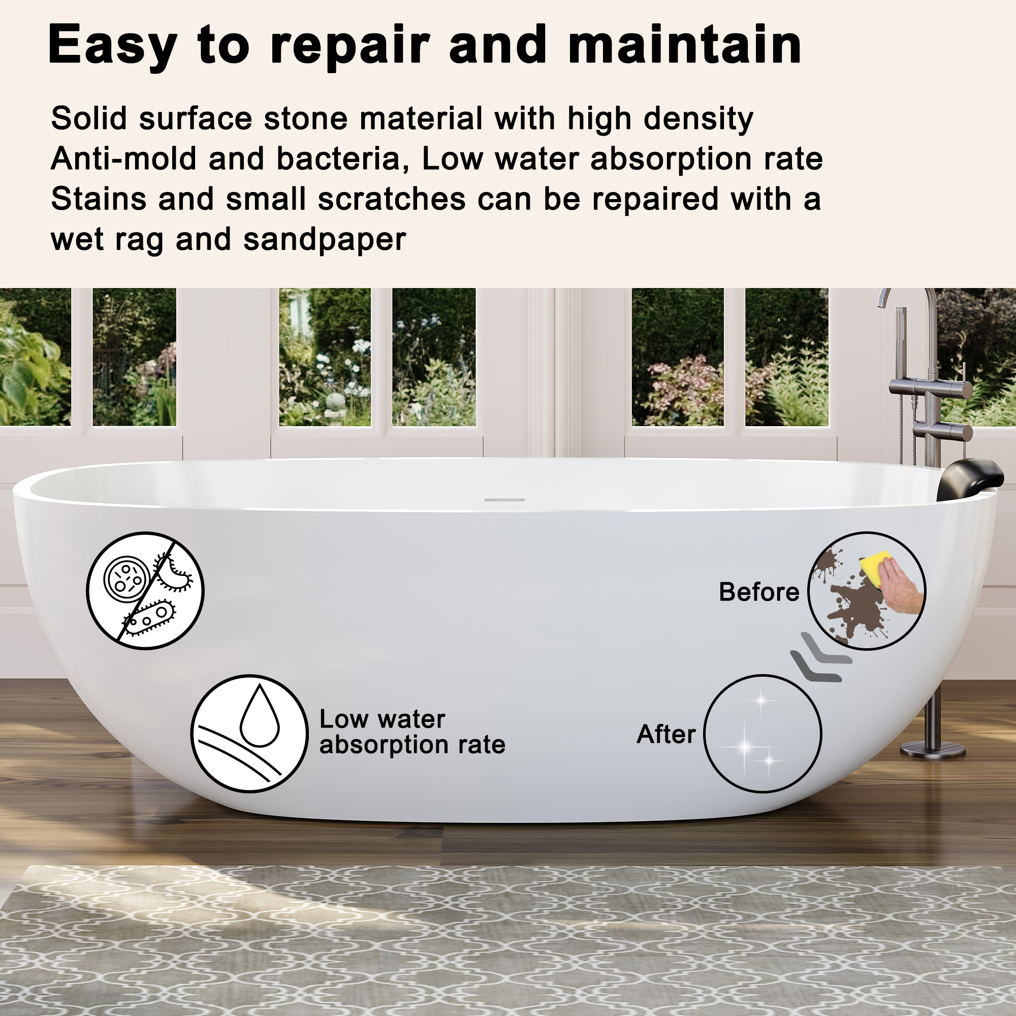 71" Matte White Stone Resin Adult Freestanding Soaking Tub with Cushions, cUPC and CE Certified