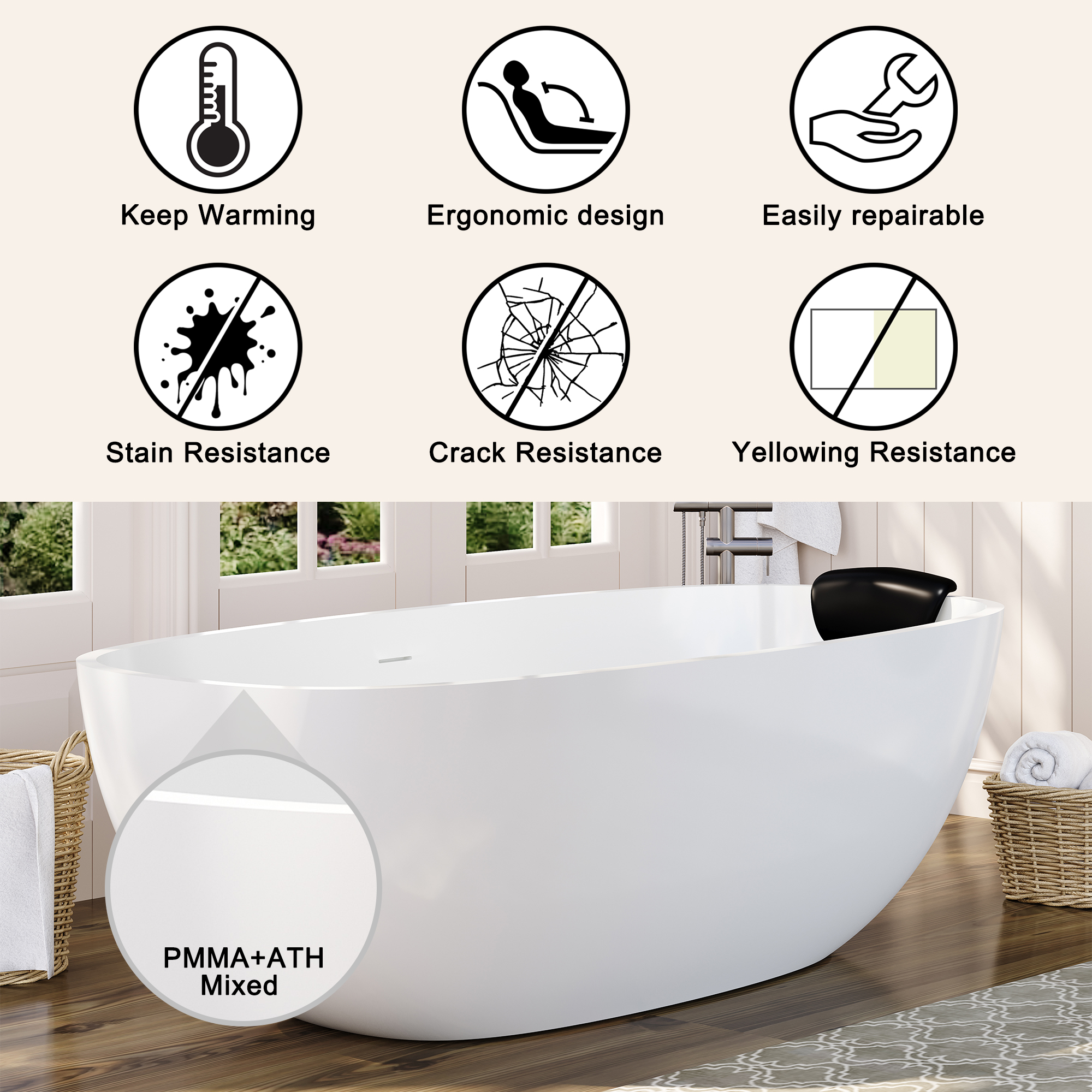 71" Matte White Stone Resin Adult Freestanding Soaking Tub with Cushions, cUPC and CE Certified
