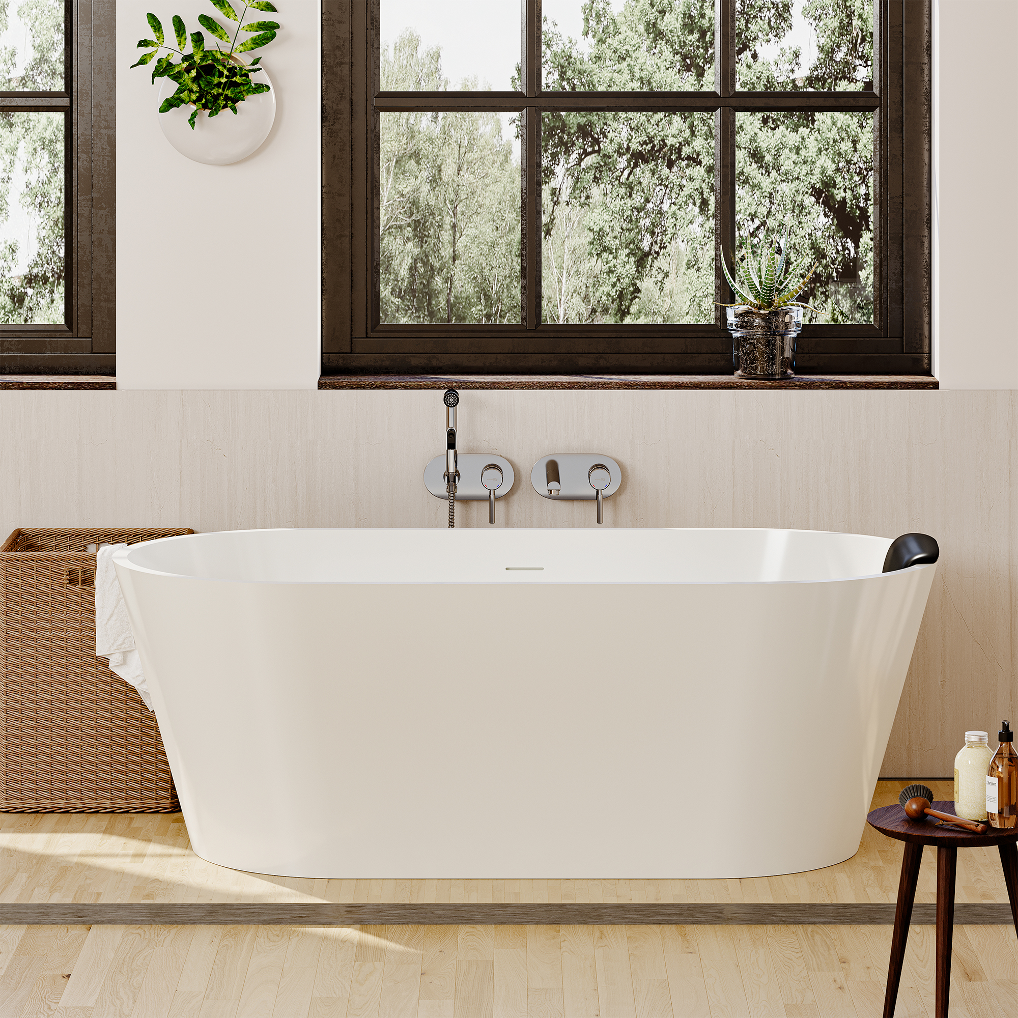 59/67" Matte White Solid Surface Adult Freestanding Soaking Tub with Built-in Pillow