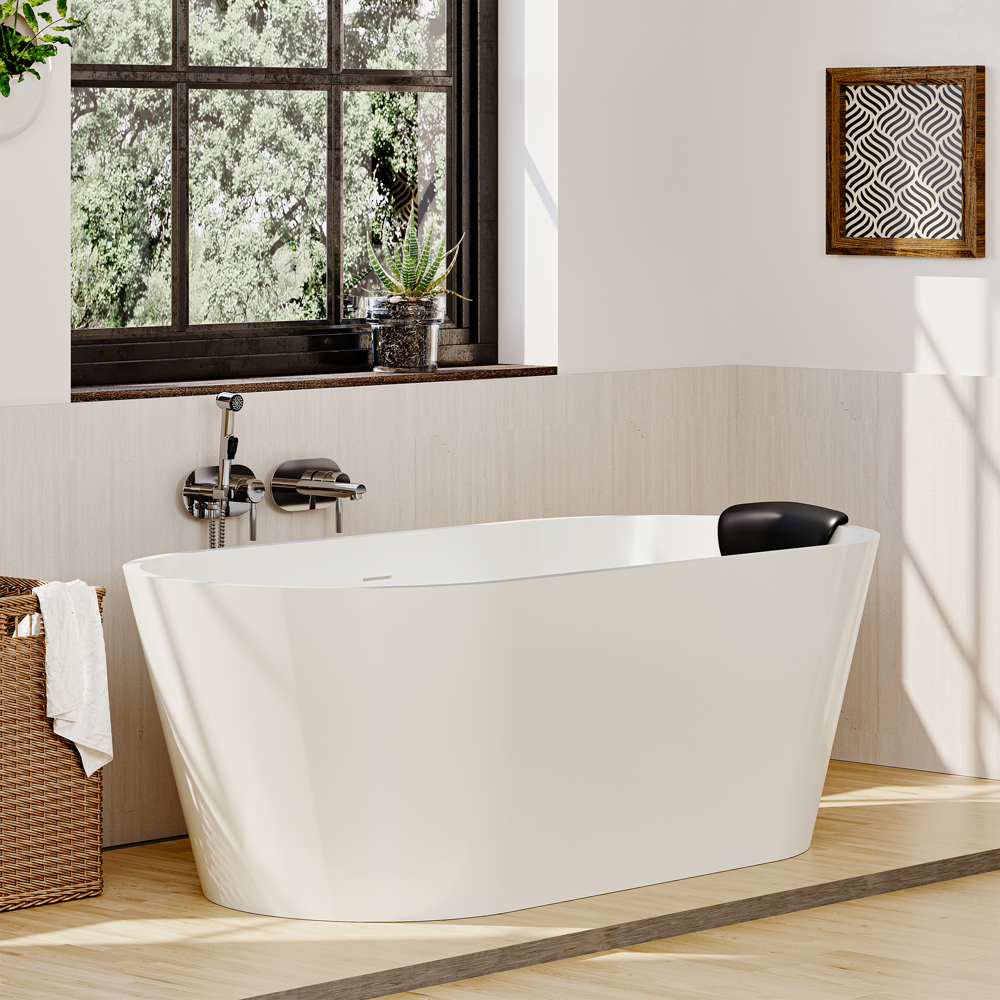 59/67" Matte White Solid Surface Adult Freestanding Soaking Tub with Built-in Pillow