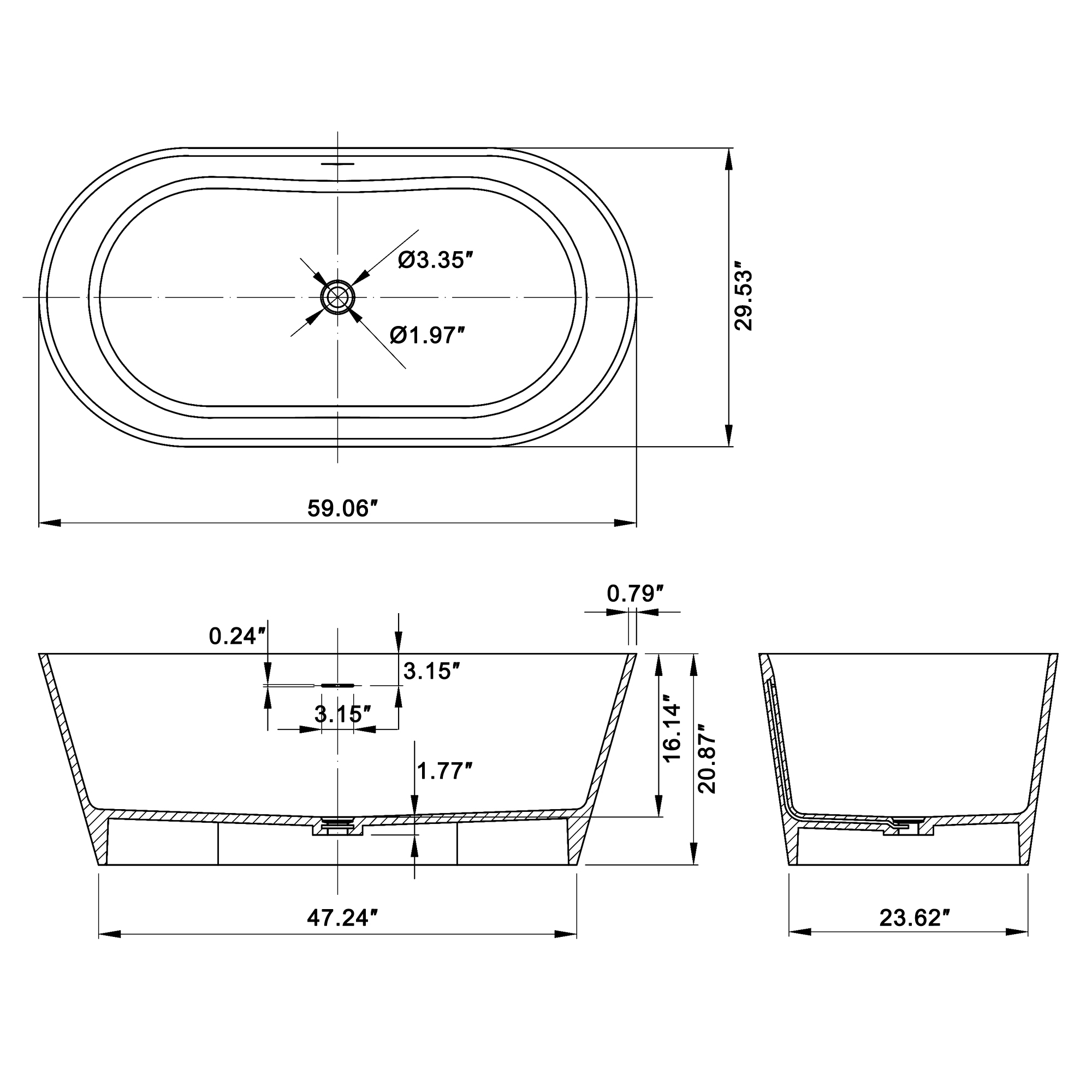 59/67" Matte White Solid Surface Adult Freestanding Soaking Tub with Built-in Pillow