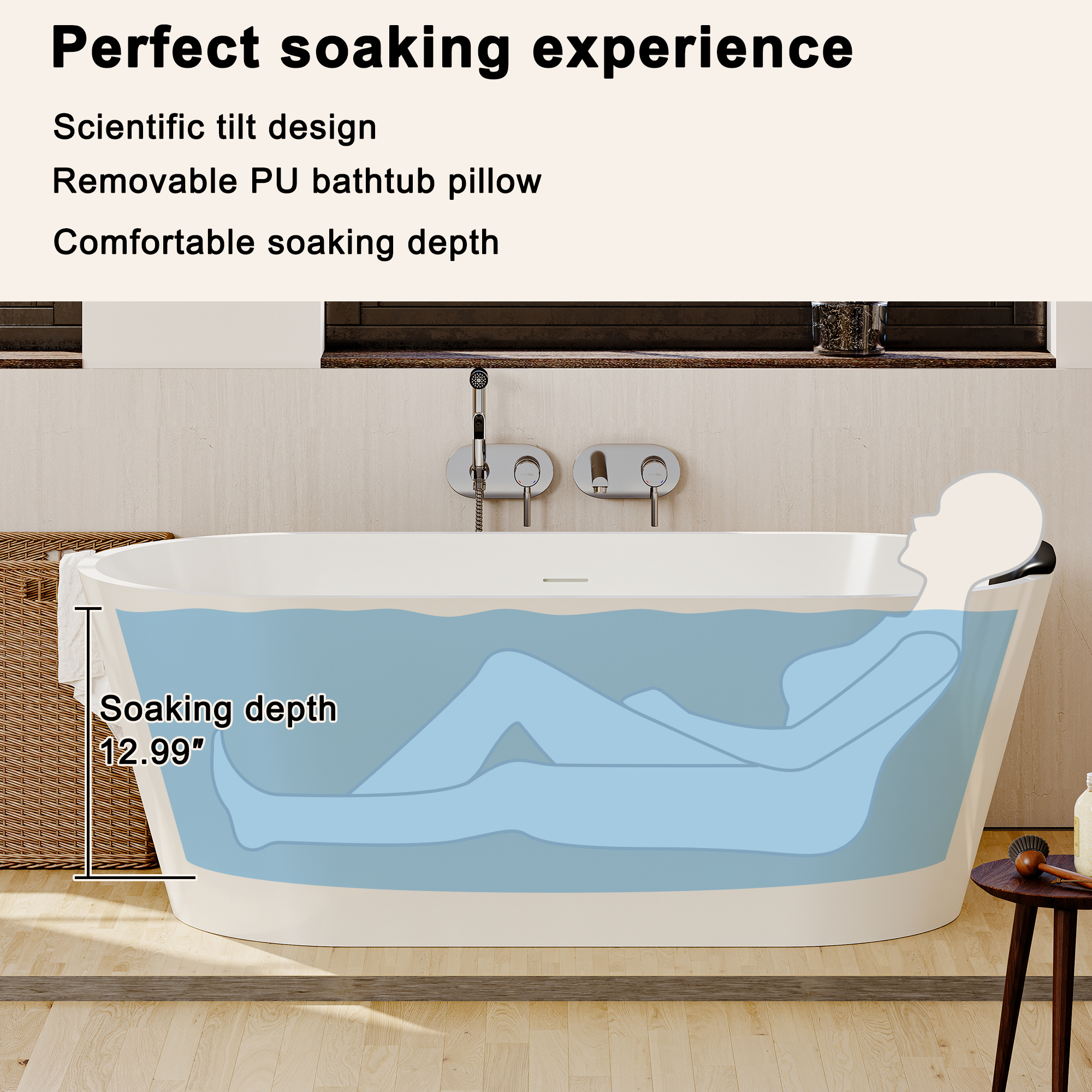 59/67" Matte White Solid Surface Adult Freestanding Soaking Tub with Built-in Pillow