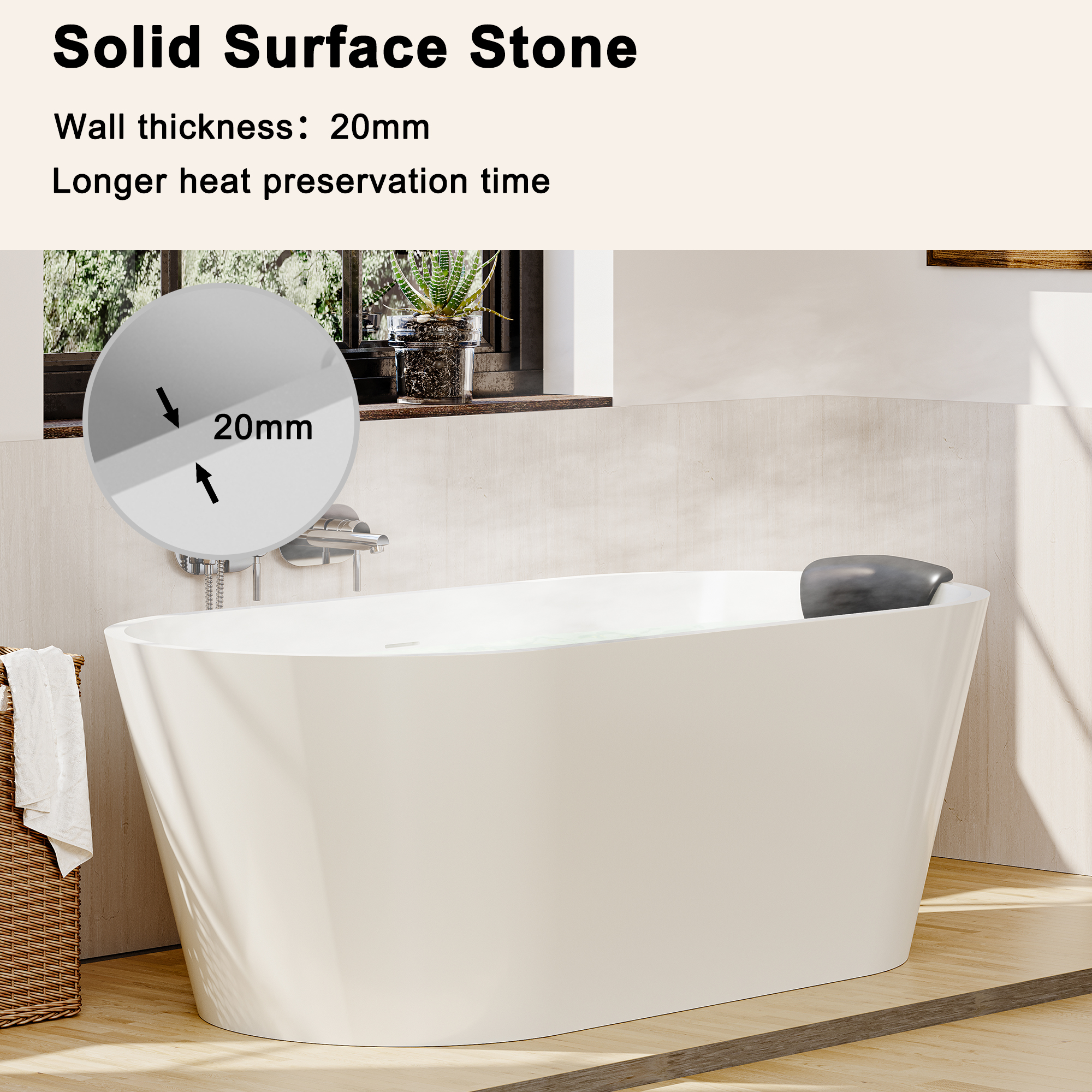 59/67" Matte White Solid Surface Adult Freestanding Soaking Tub with Built-in Pillow