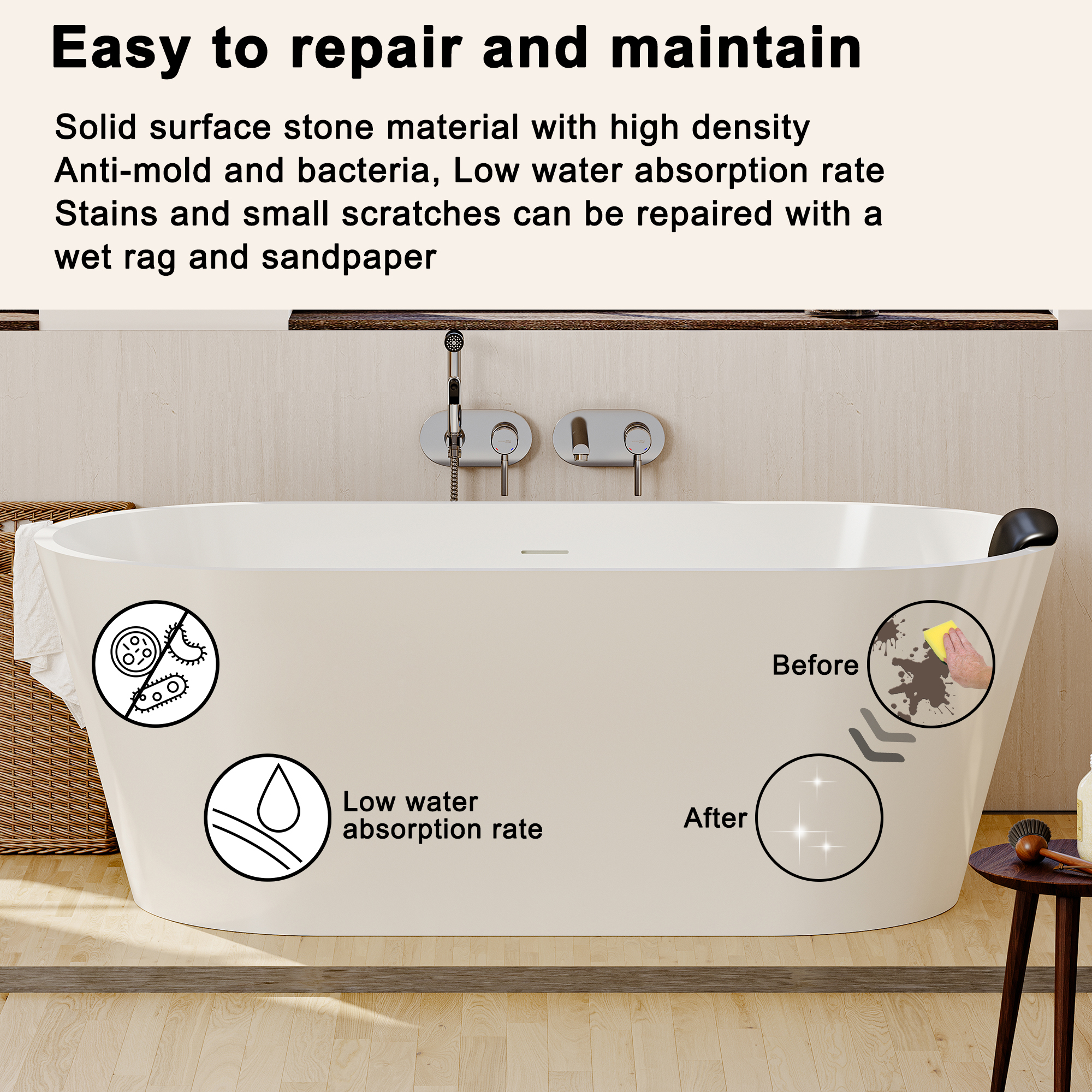 59/67" Matte White Solid Surface Adult Freestanding Soaking Tub with Built-in Pillow