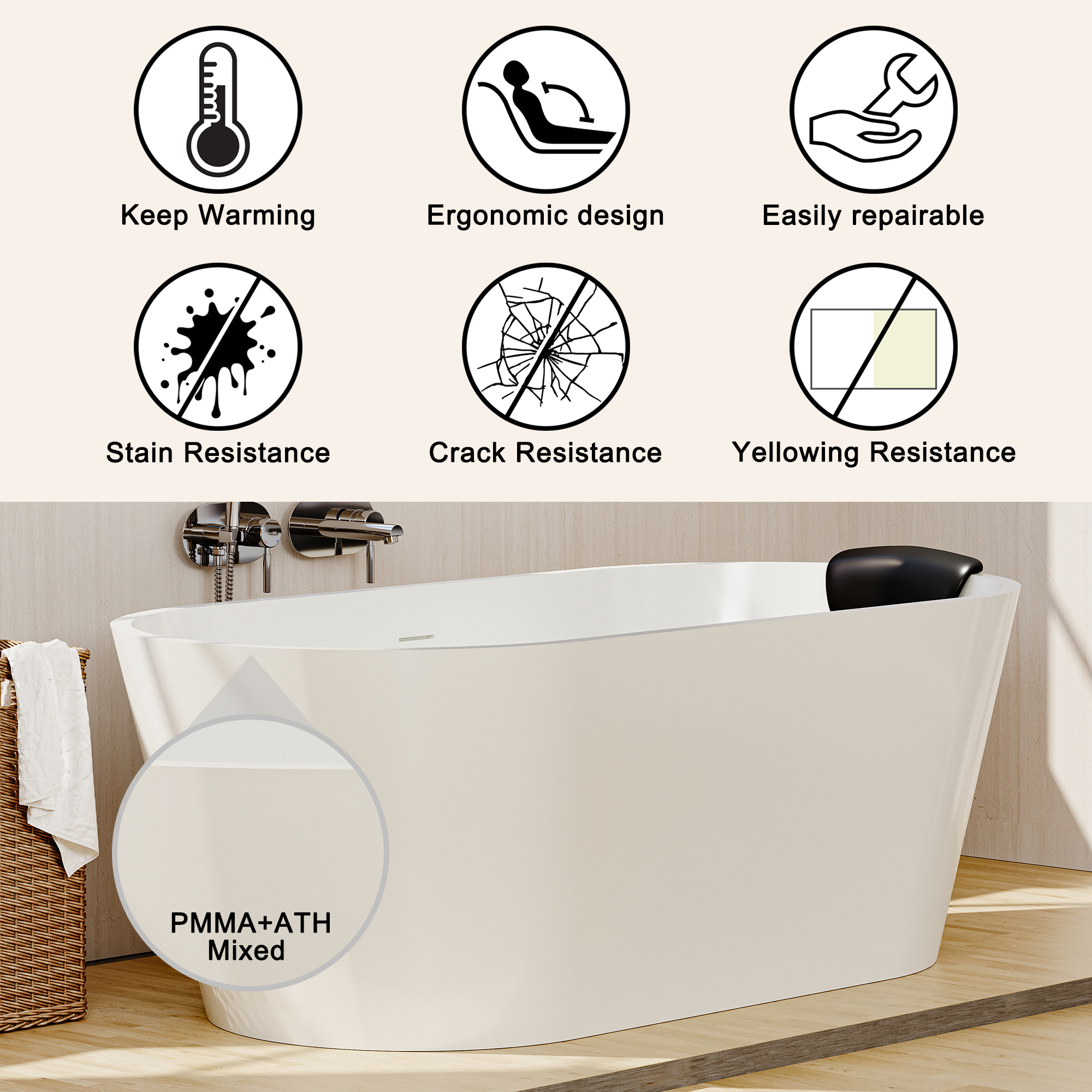 59/67" Matte White Solid Surface Adult Freestanding Soaking Tub with Built-in Pillow