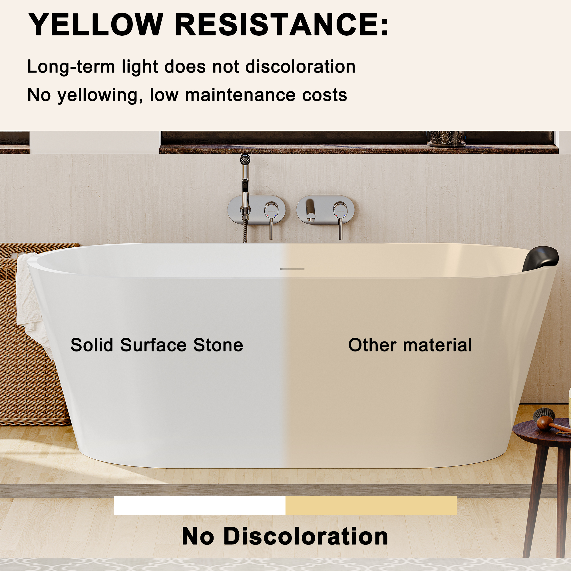 59/67" Matte White Solid Surface Adult Freestanding Soaking Tub with Built-in Pillow