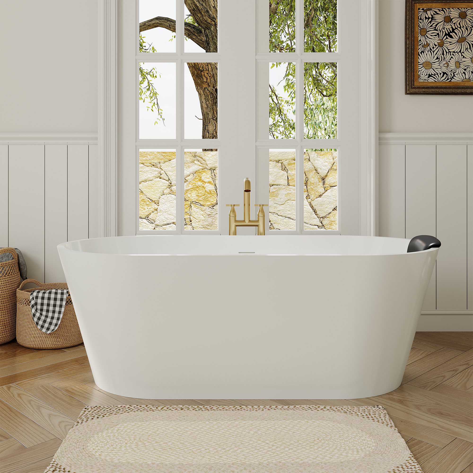 59/67" Matte White Solid Surface Adult Freestanding Soaking Tub with Built-in Pillow