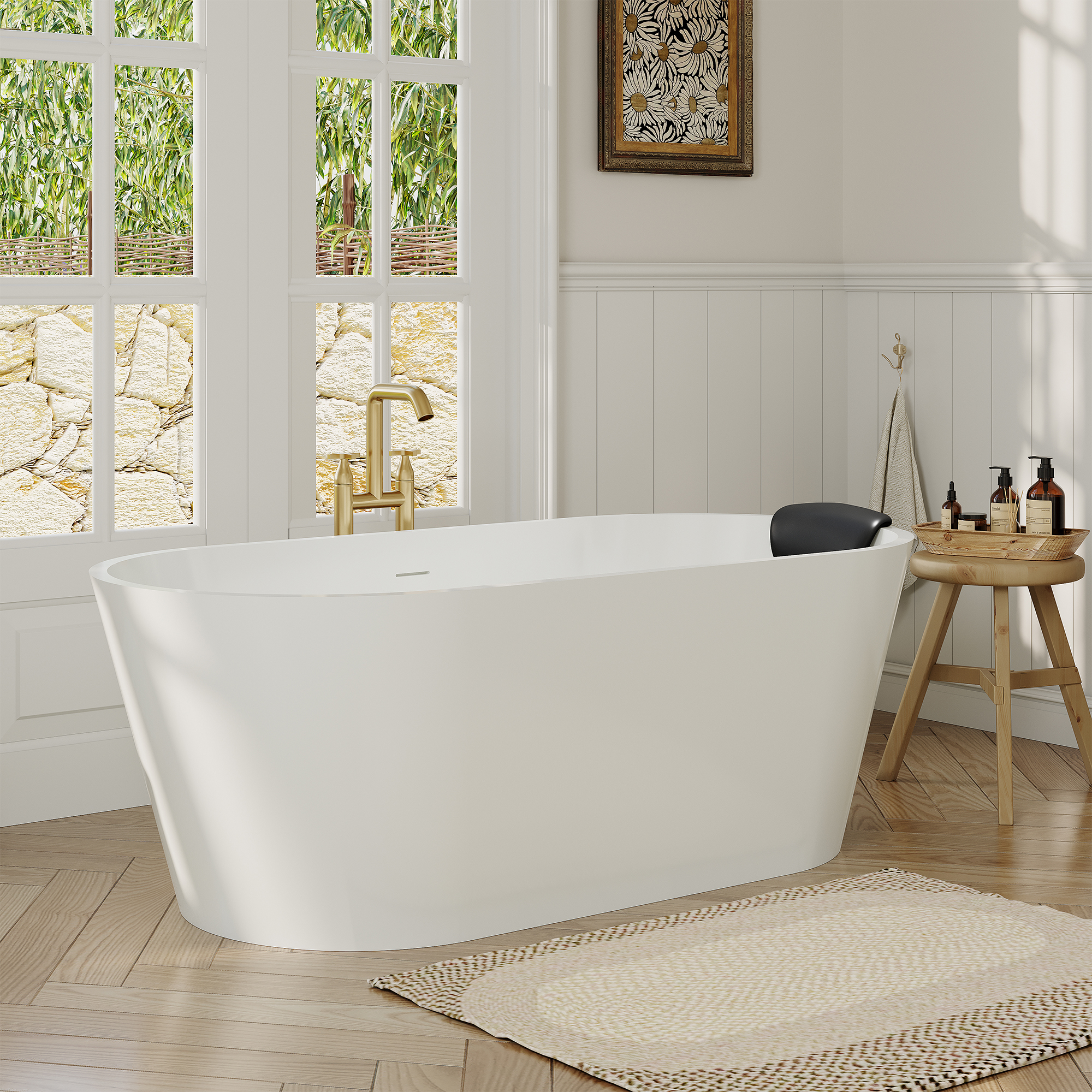 59/67" Matte White Solid Surface Adult Freestanding Soaking Tub with Built-in Pillow