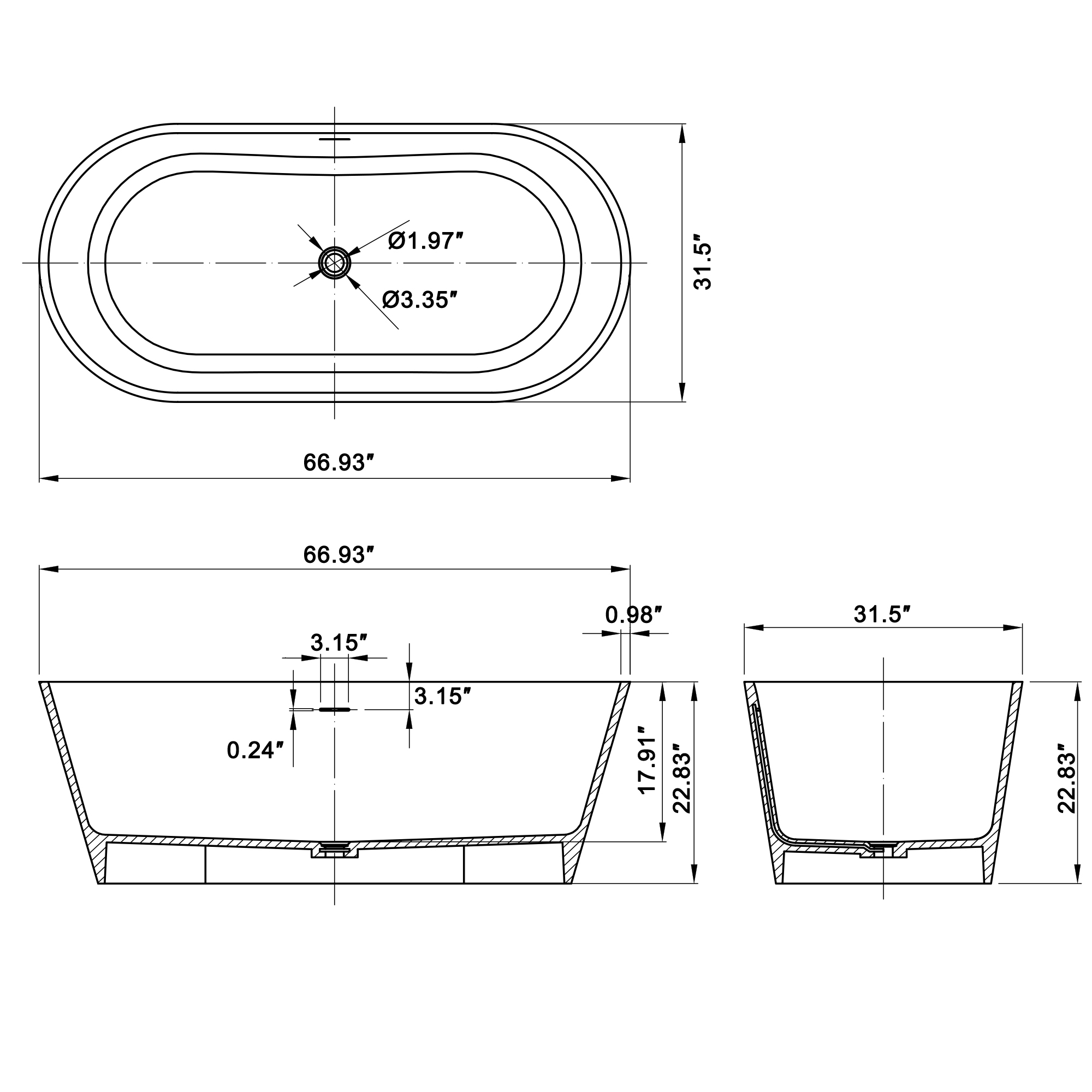 59/67" Matte White Solid Surface Adult Freestanding Soaking Tub with Built-in Pillow