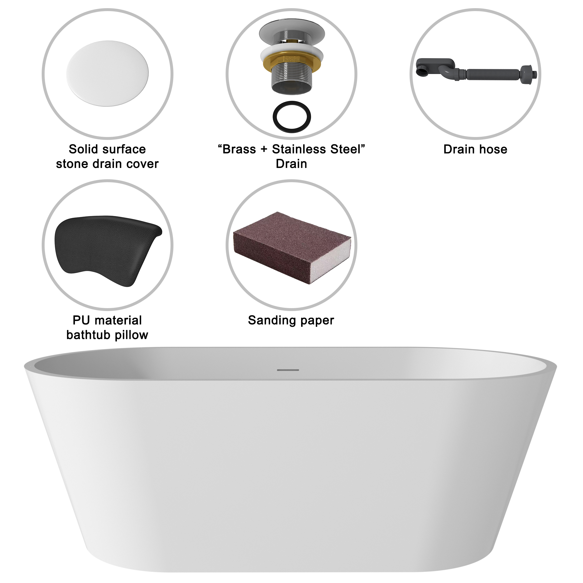 59/67" Matte White Solid Surface Adult Freestanding Soaking Tub with Built-in Pillow