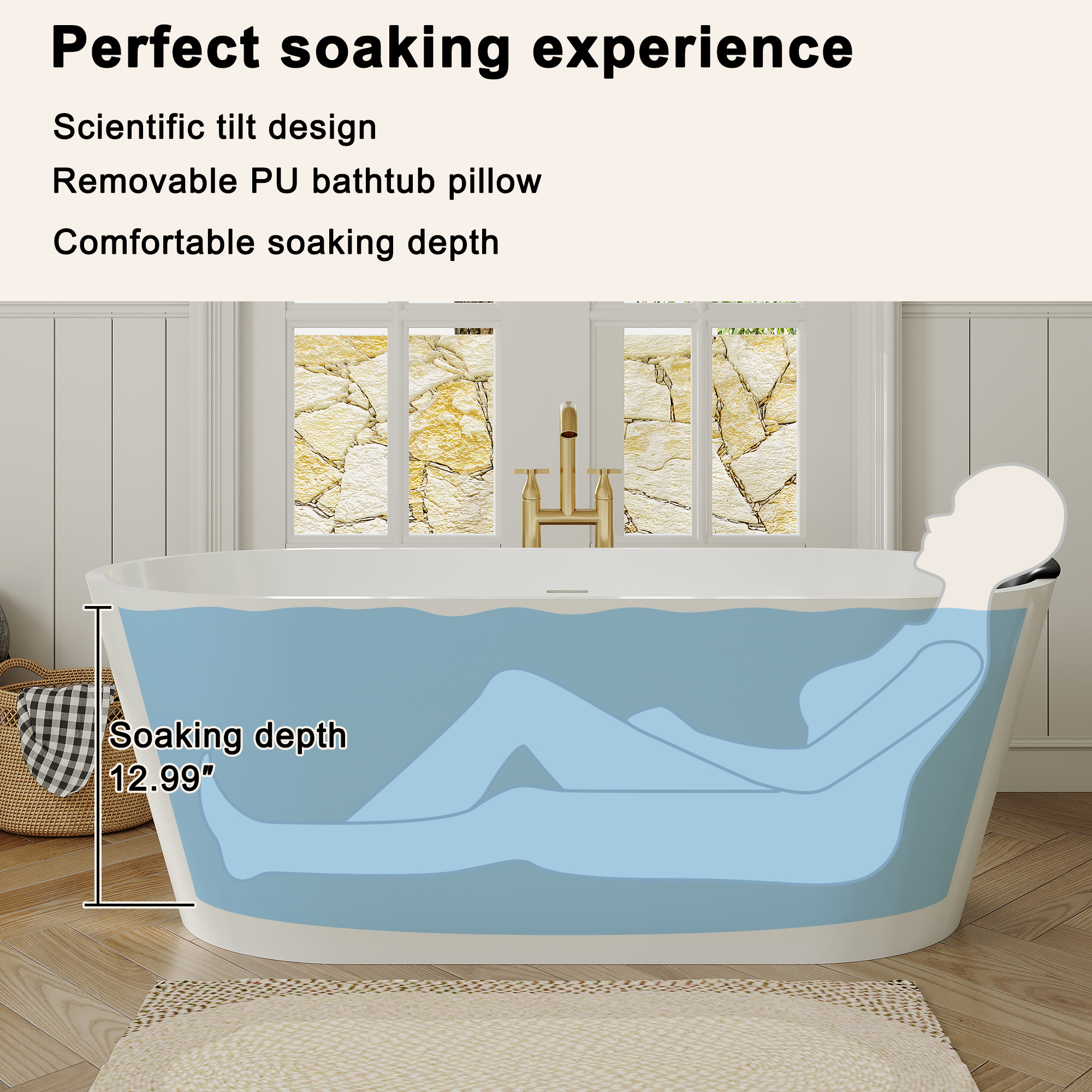 59/67" Matte White Solid Surface Adult Freestanding Soaking Tub with Built-in Pillow