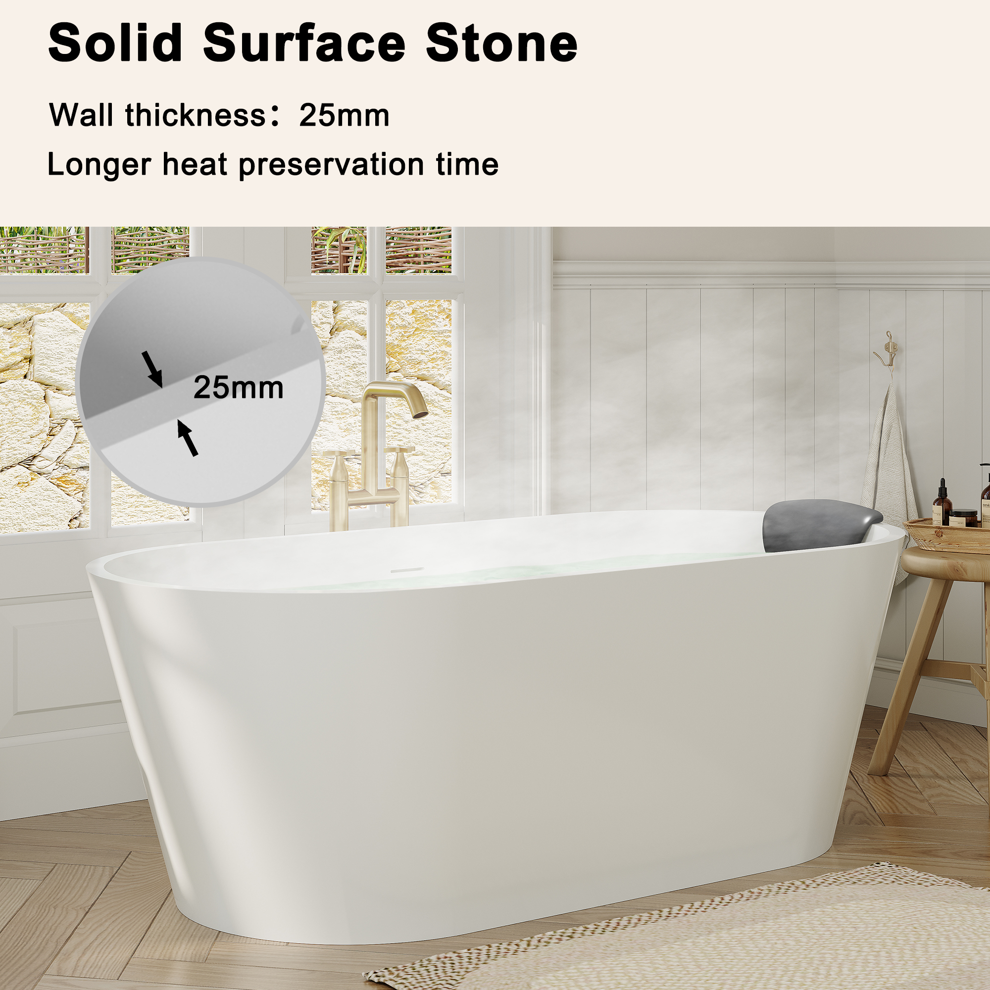 59/67" Matte White Solid Surface Adult Freestanding Soaking Tub with Built-in Pillow