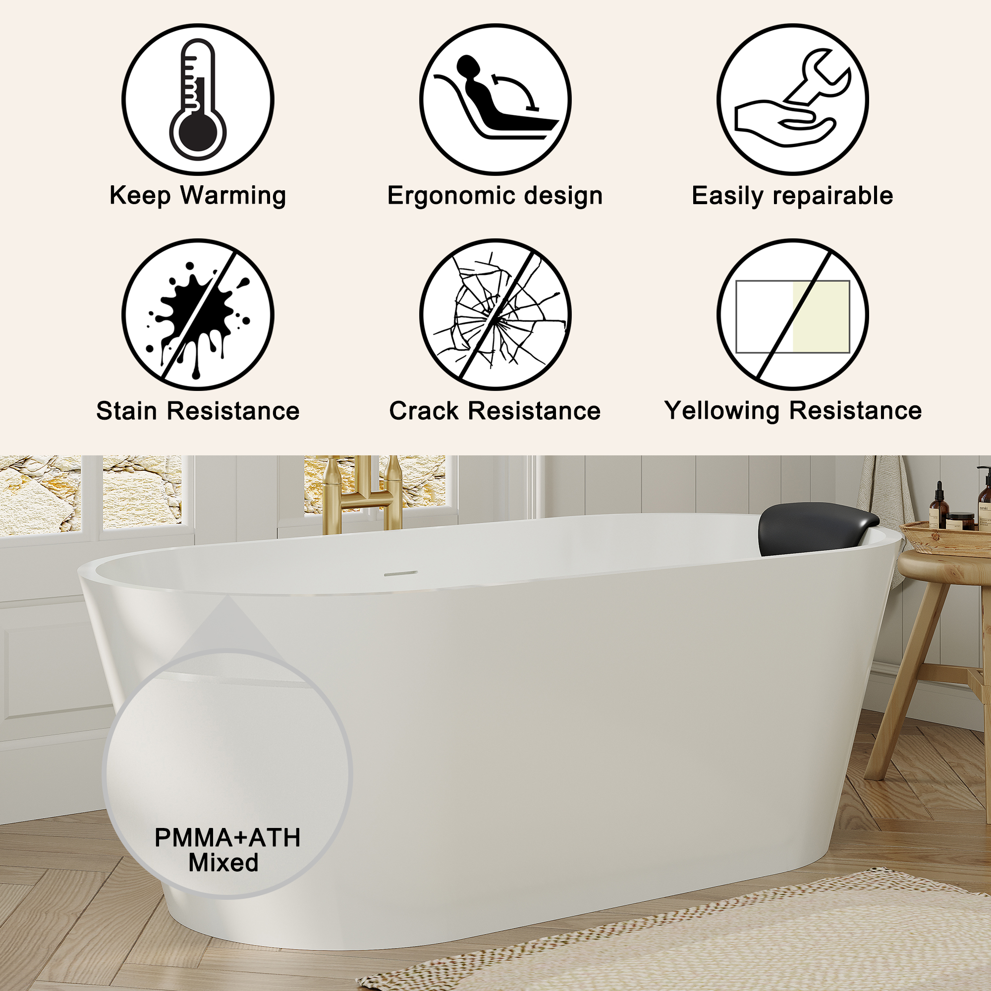 59/67" Matte White Solid Surface Adult Freestanding Soaking Tub with Built-in Pillow