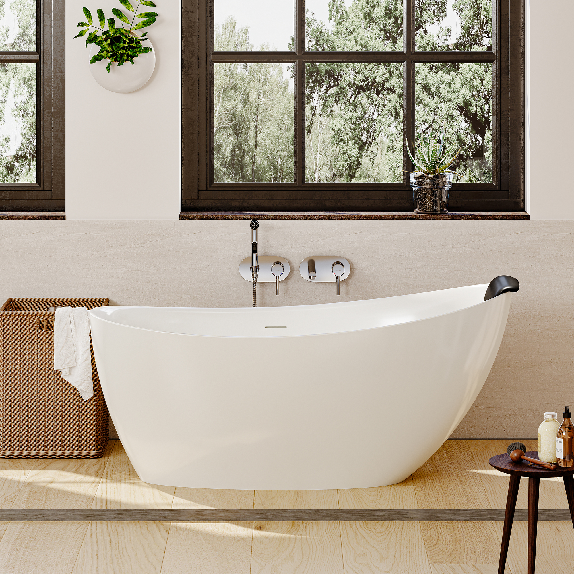 59/67" Matte White Stone Resin Freestanding Adult Soaking Tub with Cushions