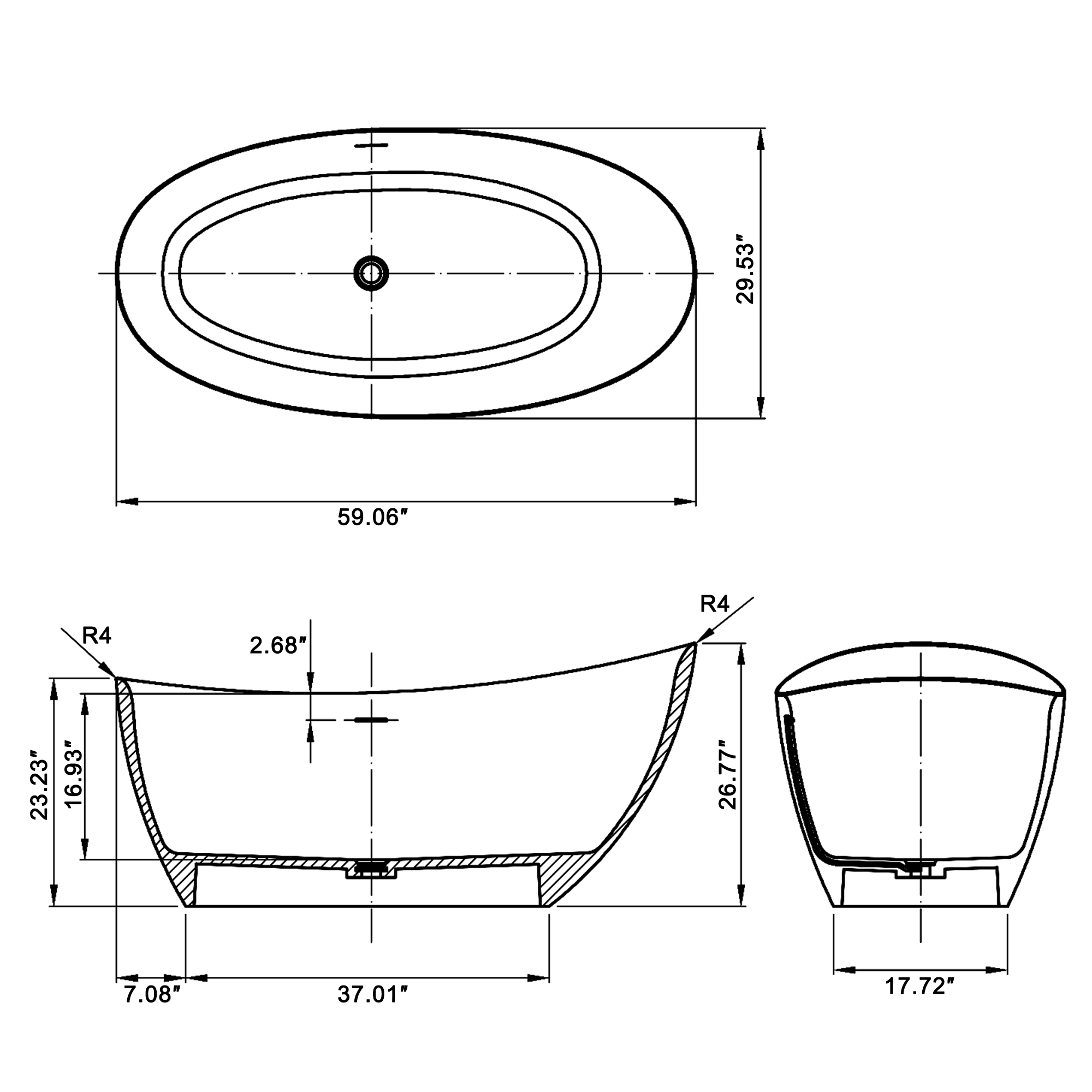 59/67" Matte White Stone Resin Freestanding Adult Soaking Tub with Cushions