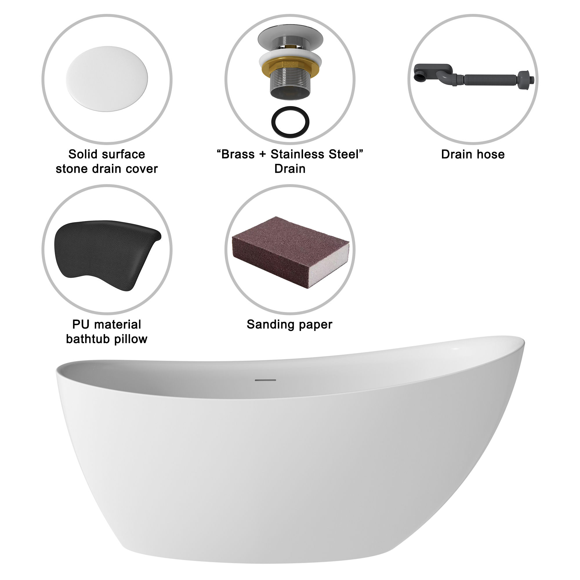 59/67" Matte White Stone Resin Freestanding Adult Soaking Tub with Cushions