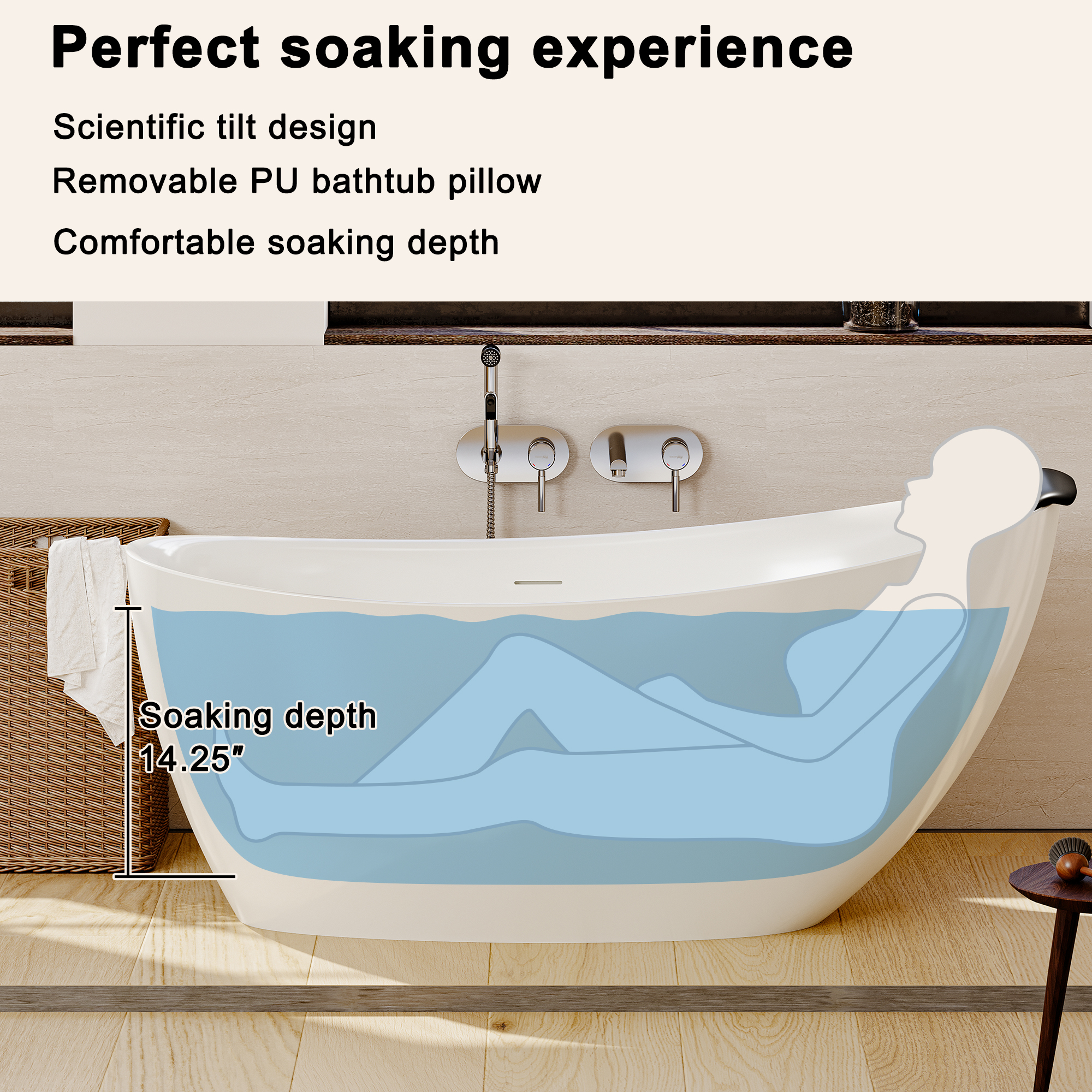 59/67" Matte White Stone Resin Freestanding Adult Soaking Tub with Cushions