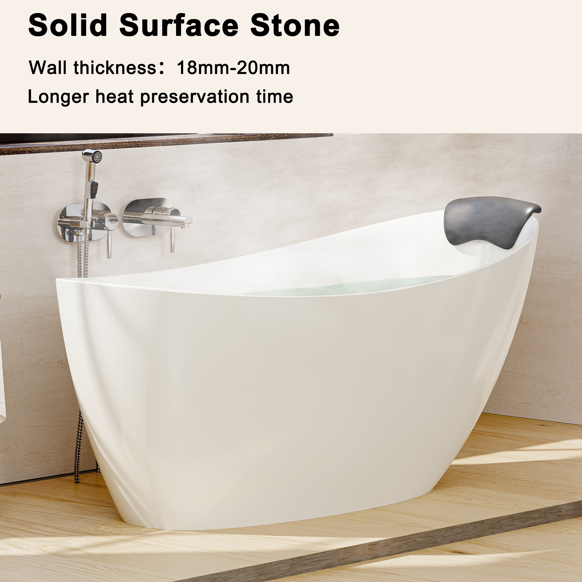 59/67" Matte White Stone Resin Freestanding Adult Soaking Tub with Cushions